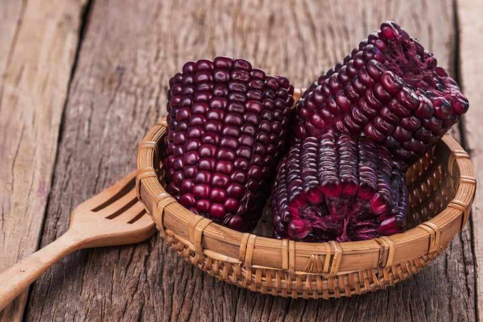 Purple Corn, deep purple corn cobs, woven bamboo basket, SD Desktop Wallpaper