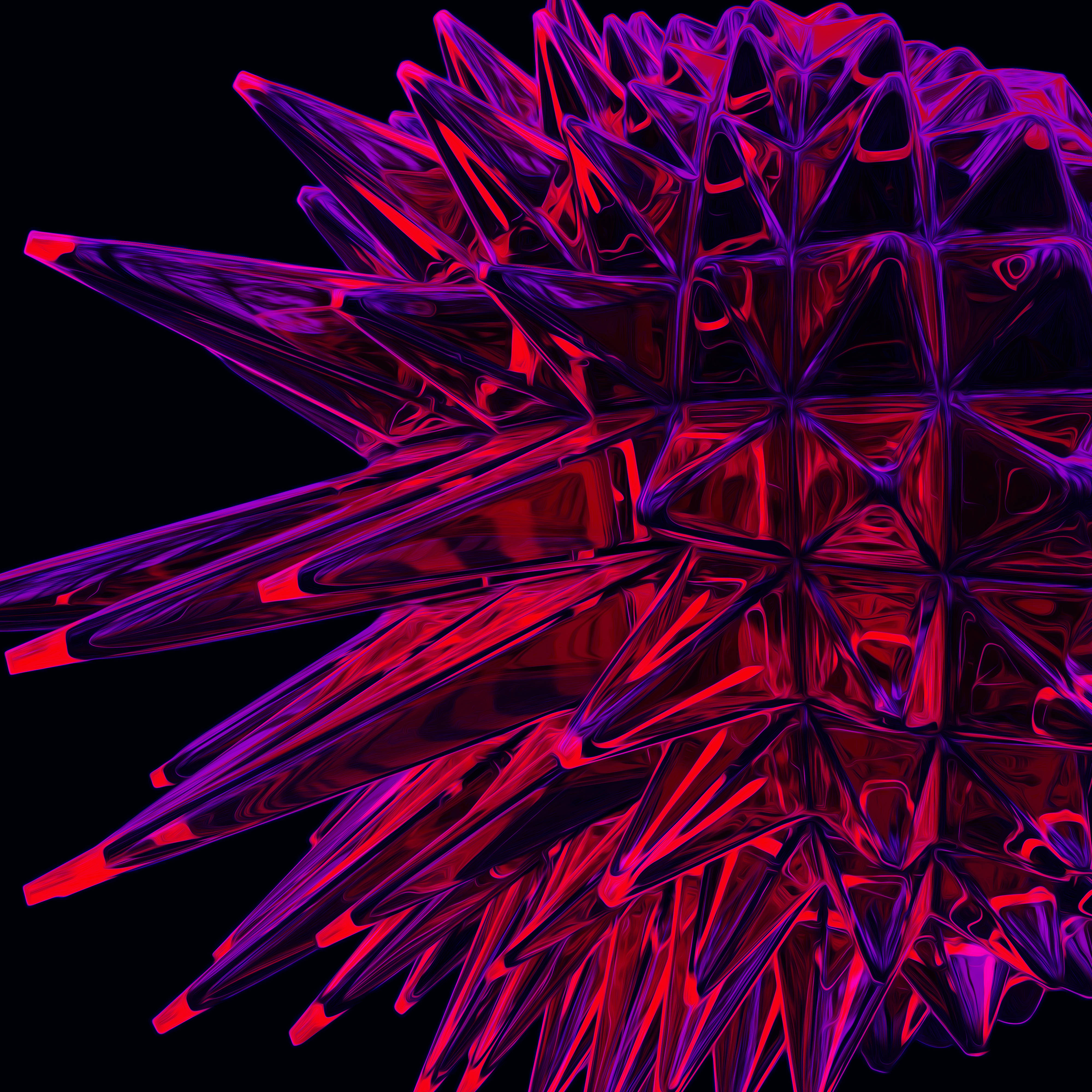 sharp red purple crystal structure, glowing geometric sphere, sharp red and purple spikes, 4K Desktop Wallpaper