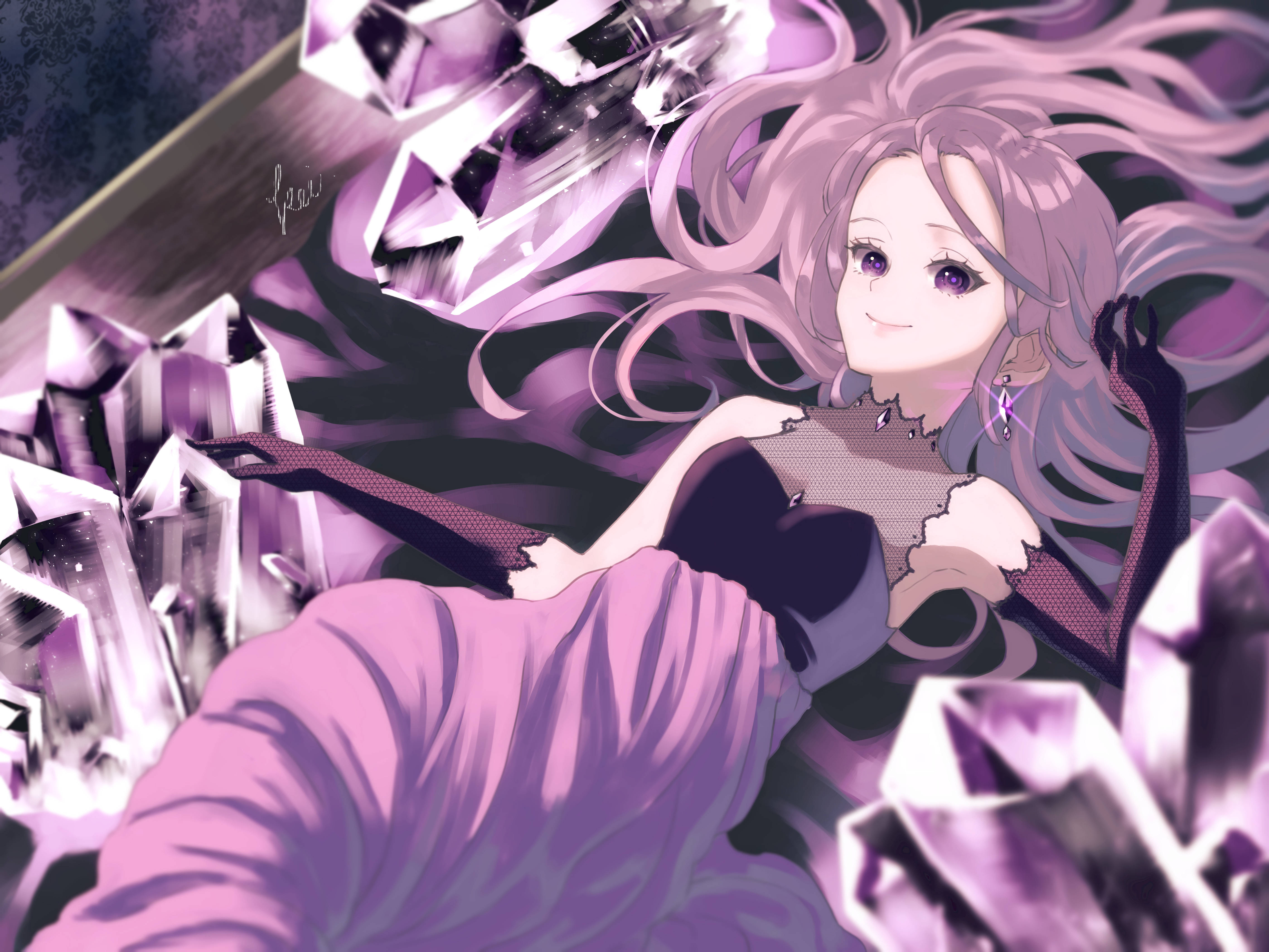 Purple Crystal, anime girl, flowing pink hair, 5K Desktop Wallpaper