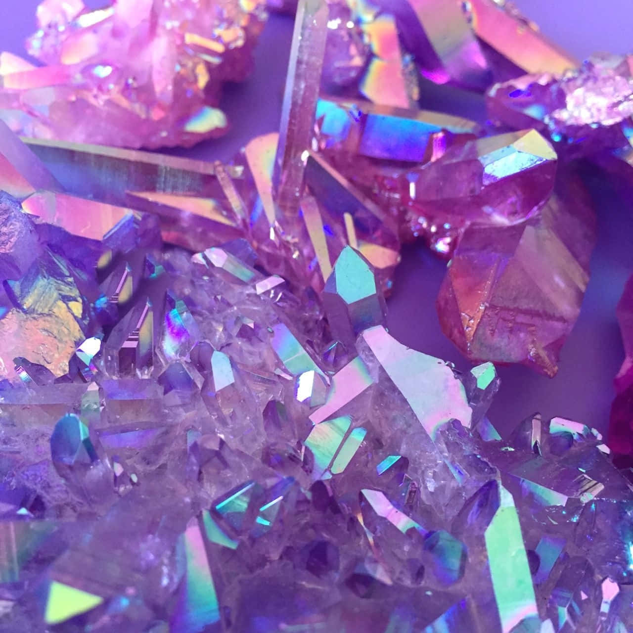iridescent purple crystals, rainbow hues, sharp geometric facets, HD Desktop Wallpaper