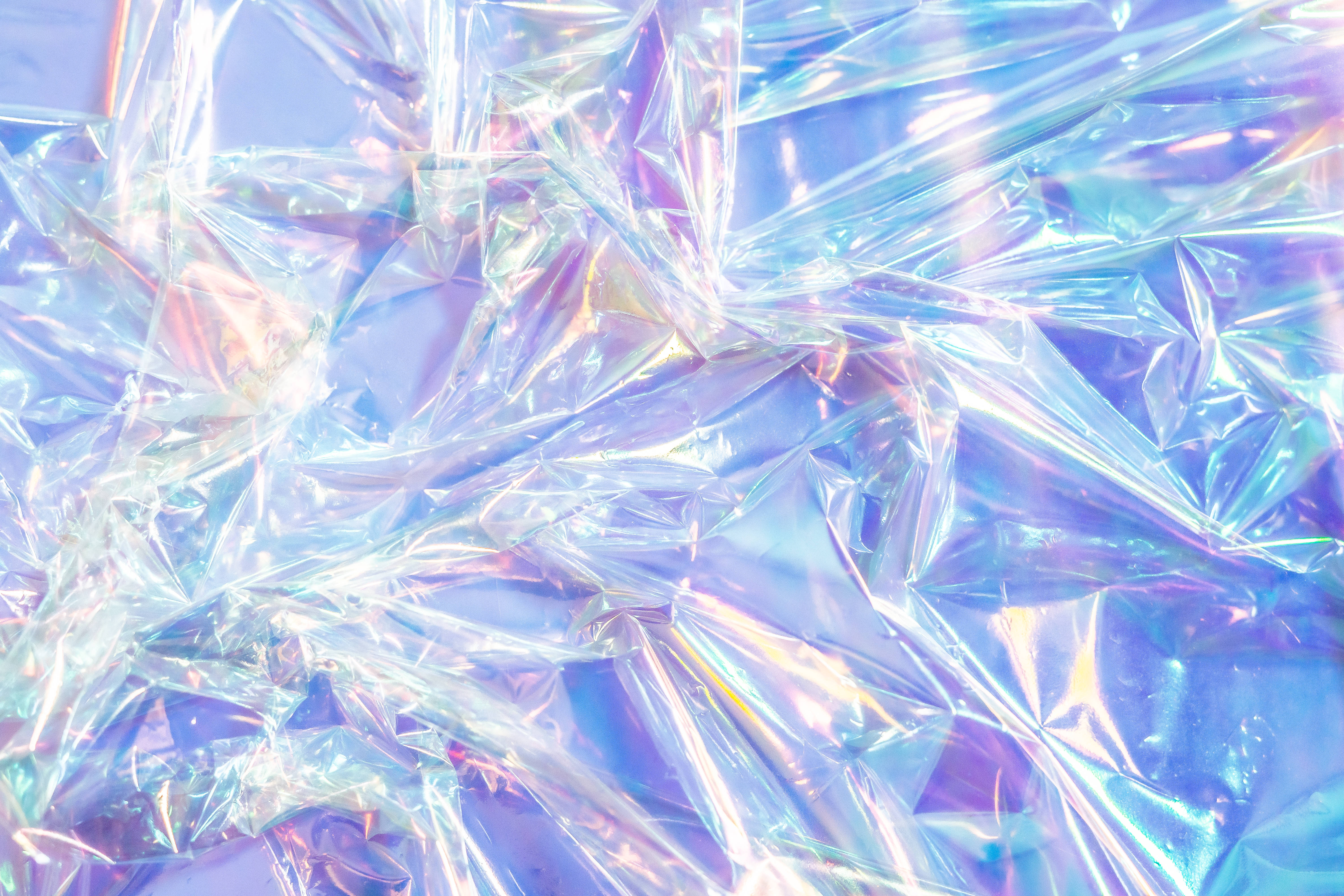 holographic plastic, iridescent plastic foil, pastel hues of blue pink and purple, 5K Desktop Wallpaper