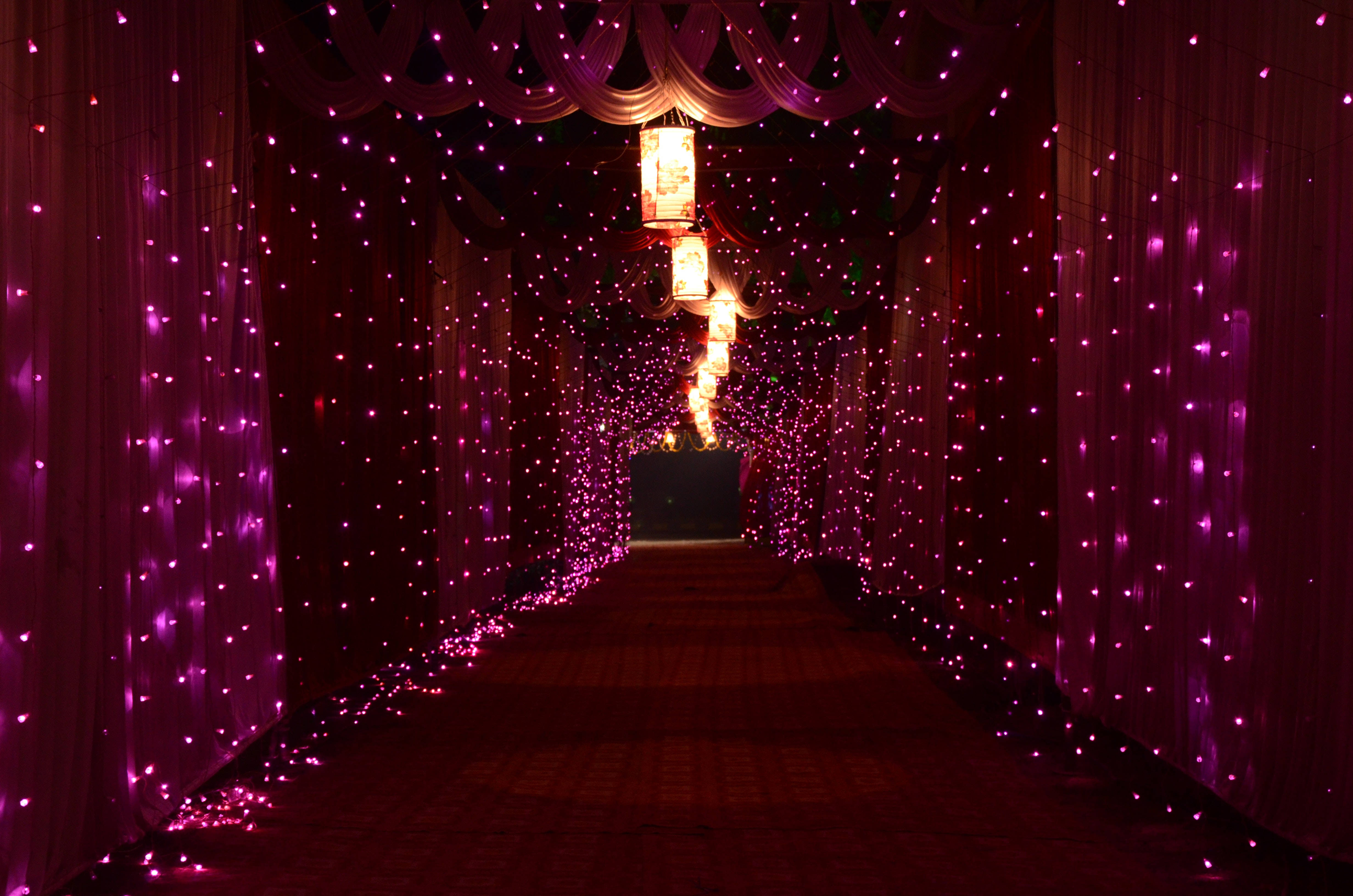 magenta fairy lights, curtains, hanging lanterns, 4K Desktop Wallpaper