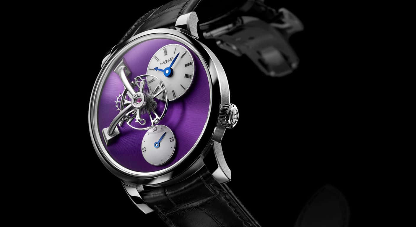 purple dial, exposed mechanical gears, black background, HD Desktop Wallpaper