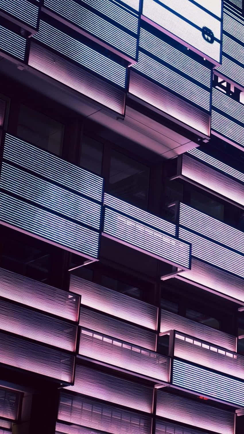 contemporary purple boxes, modern building facade, glowing purple and white horizontal light strips, HD Phone Wallpaper