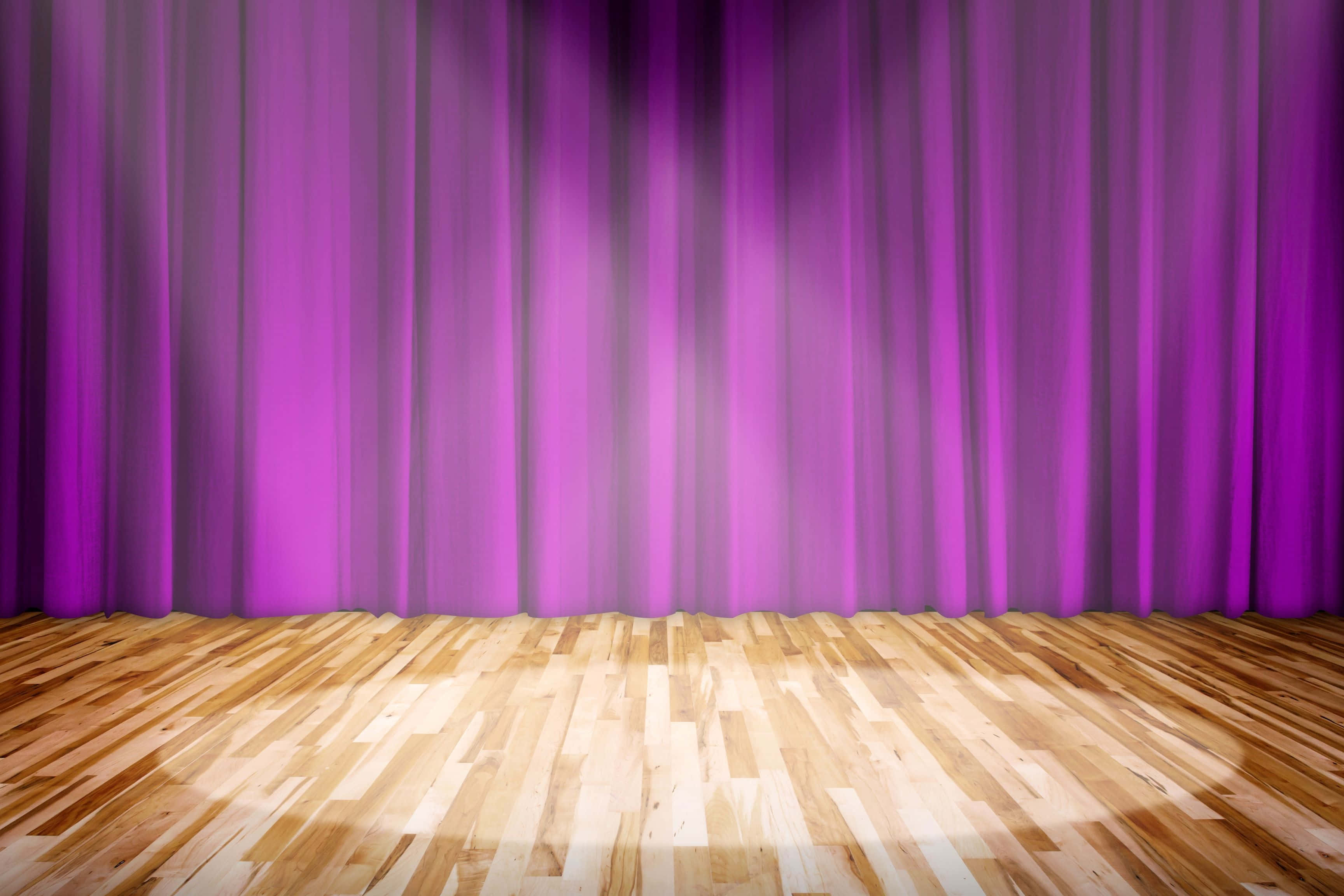 elegant purple curtains, wooden stage floor, rich purple theater curtain, 2K Desktop Wallpaper