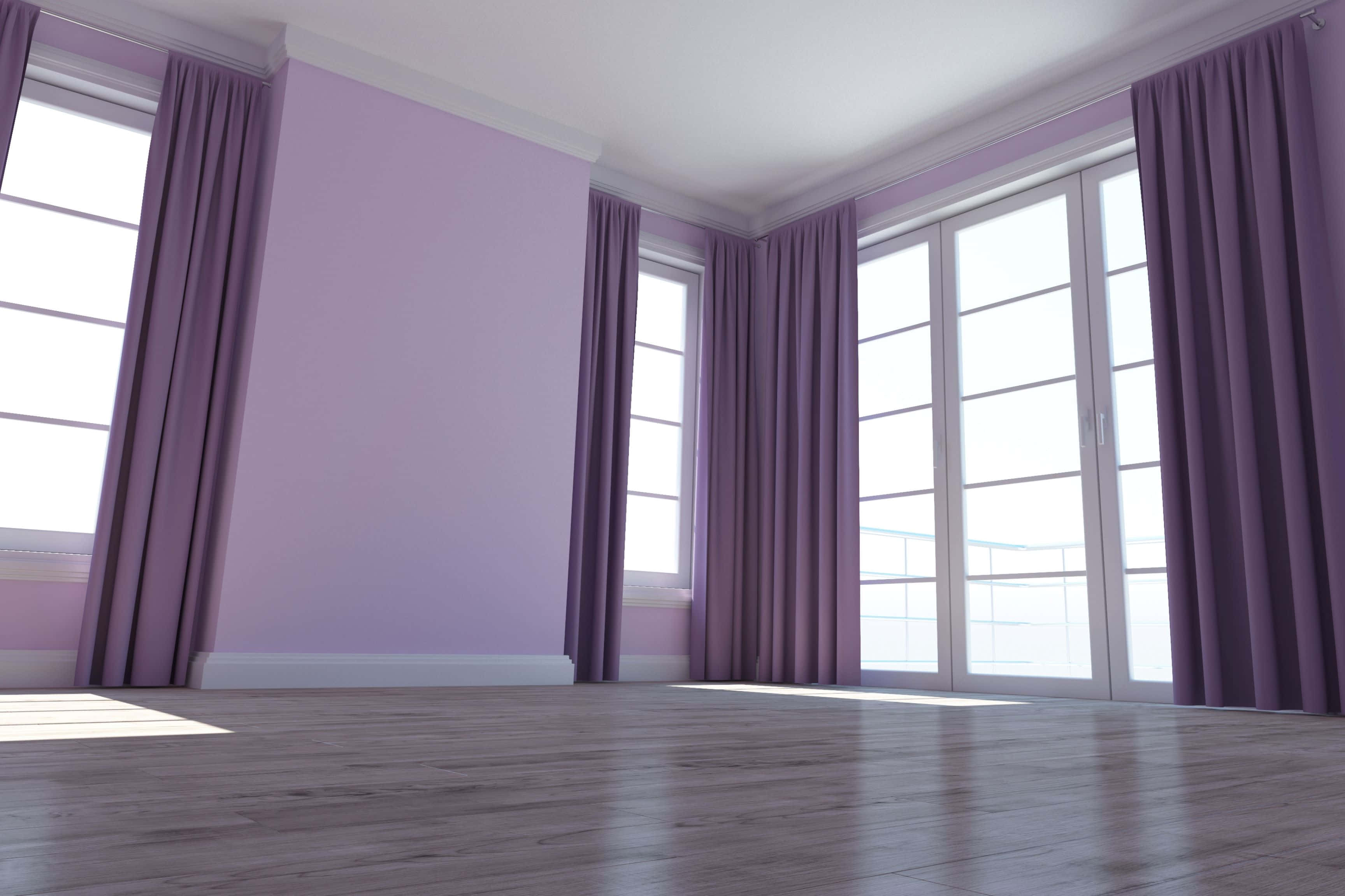 modern room, purple curtains, tall windows, 2K Desktop Wallpaper