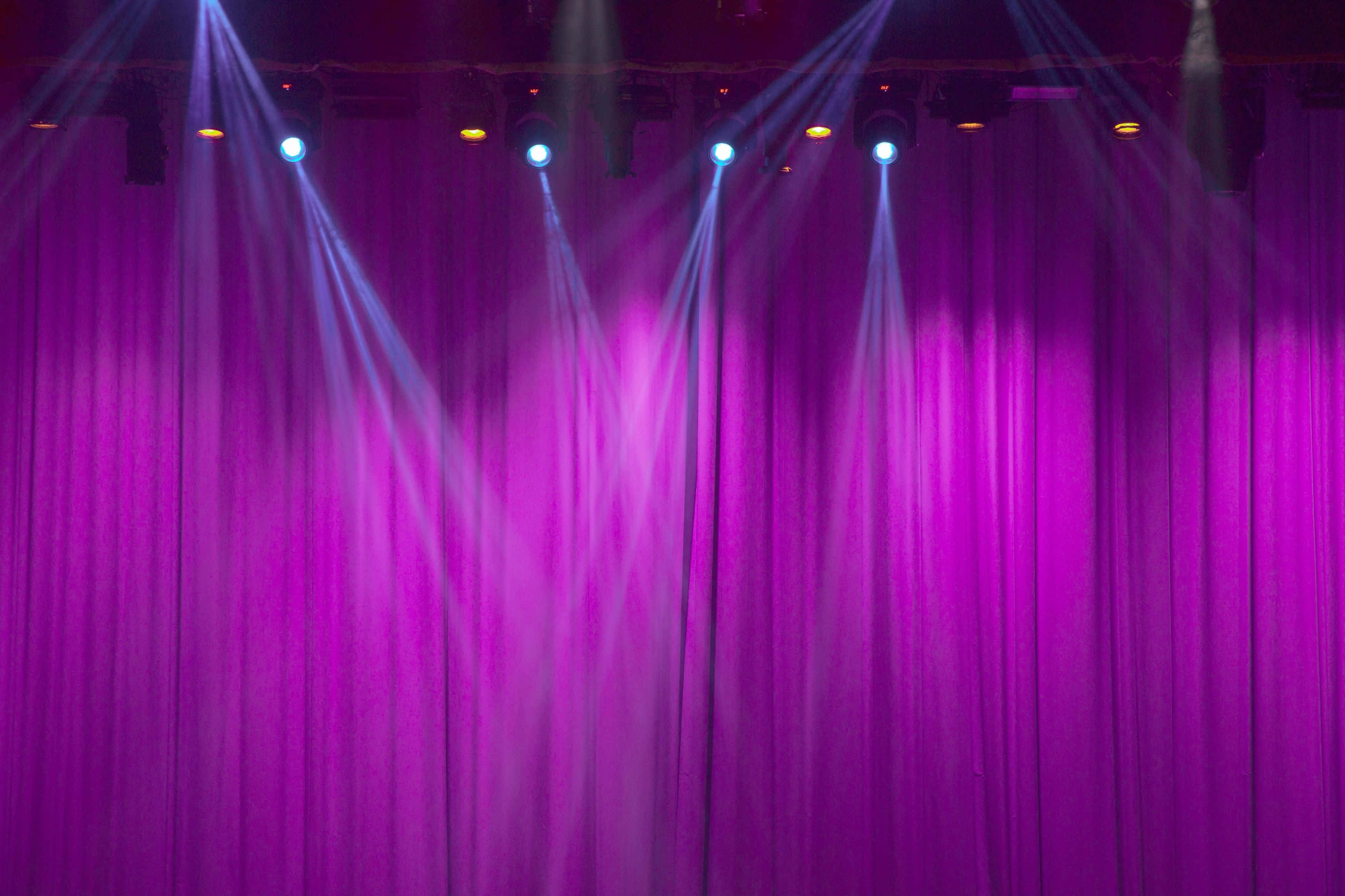 Purple Curtains, stage curtain, bright spotlights, 2K Desktop Wallpaper