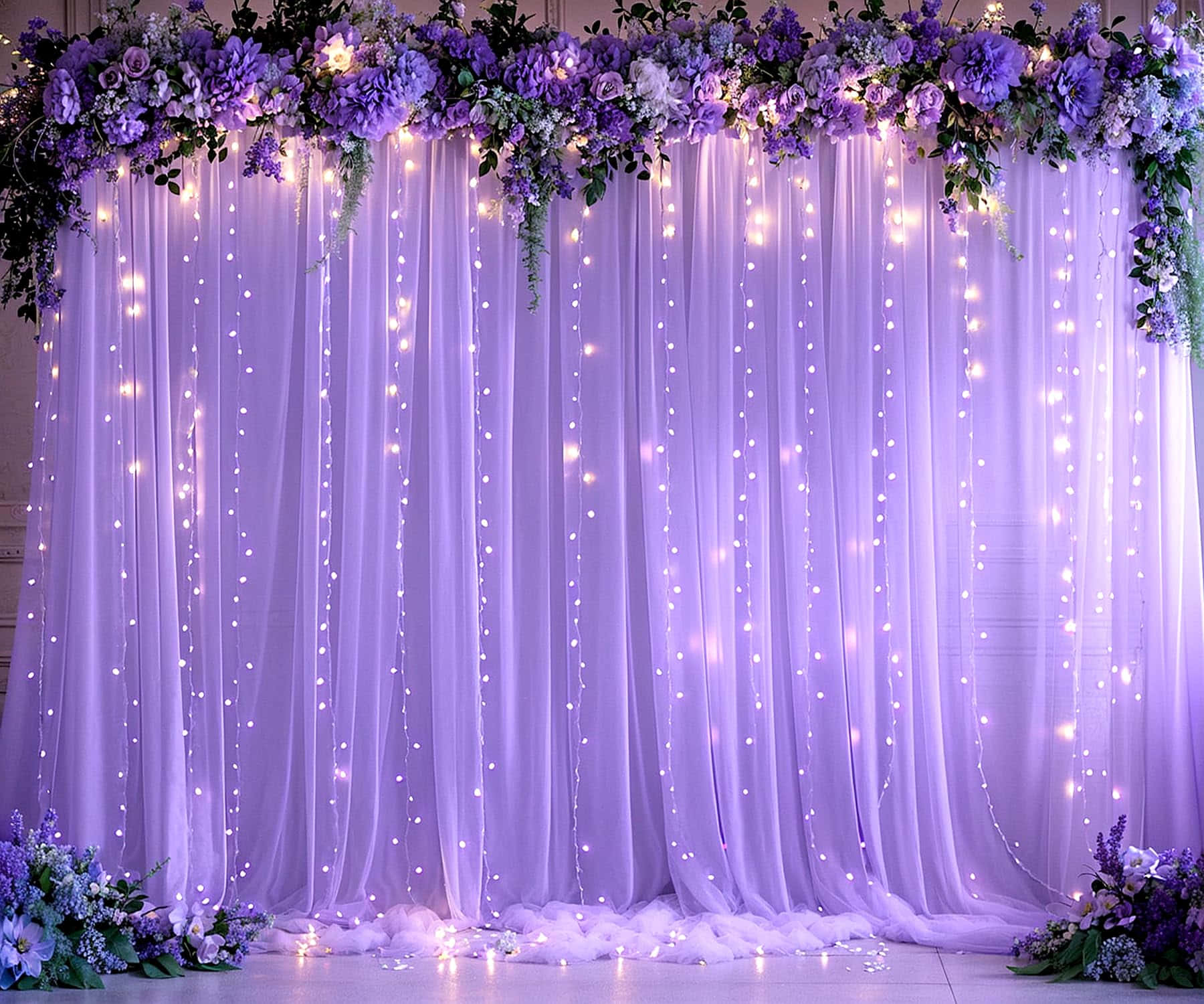 Elegant Purple Curtainswith Lights, lavender backdrop, cascading fairy lights, HD Desktop Wallpaper