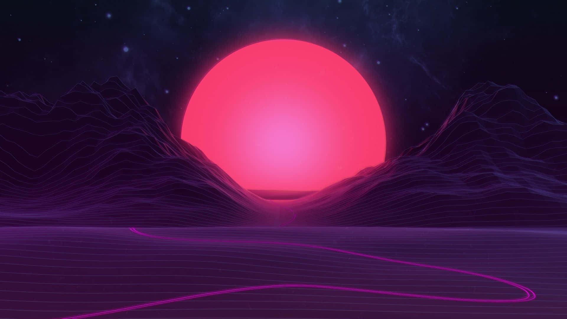 purple desktop, glowing pink sun, purple wave-lined mountains, Full HD Desktop Wallpaper