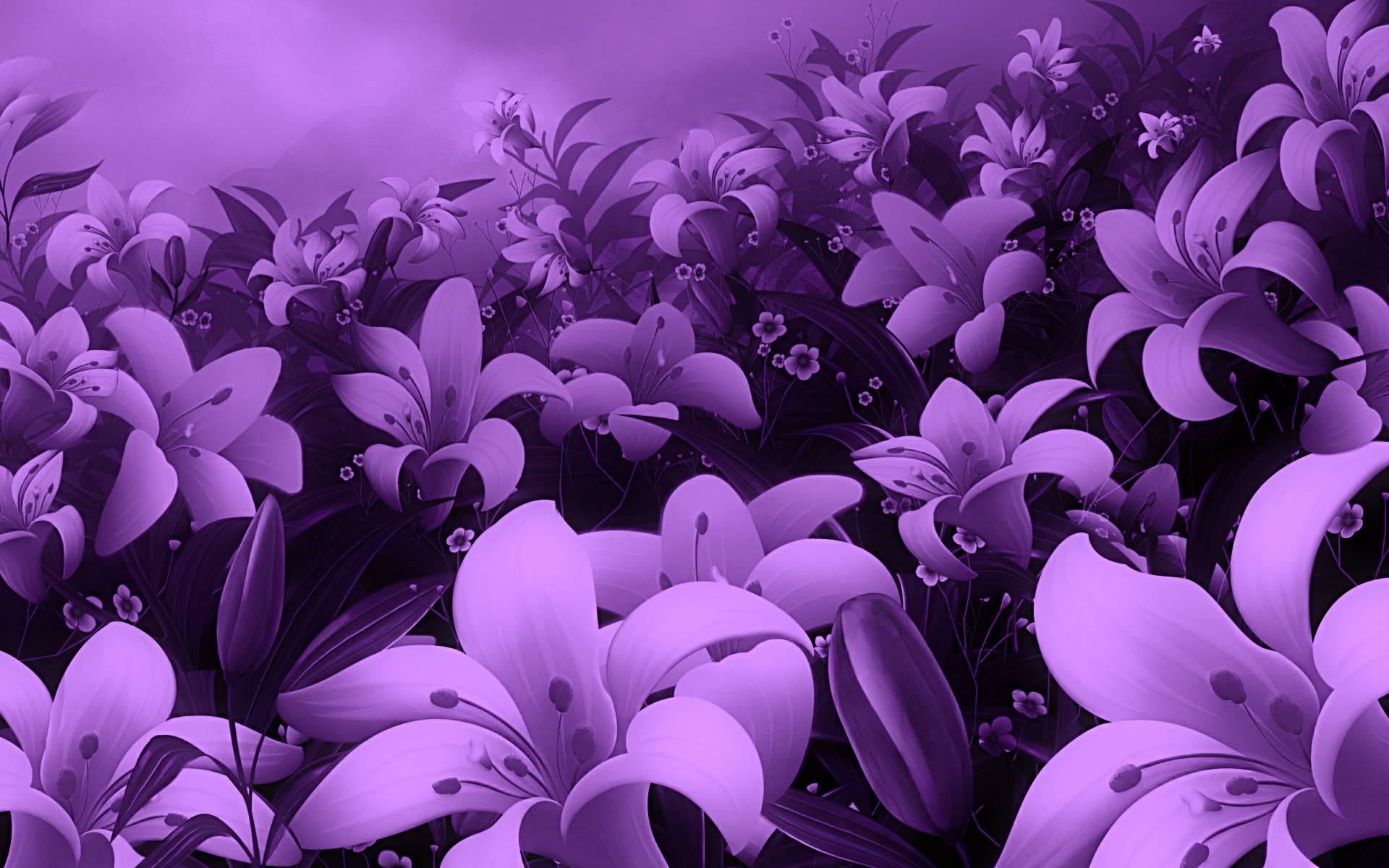 purple lilies, hazy violet sky, surreal digital garden, Full HD Desktop Wallpaper