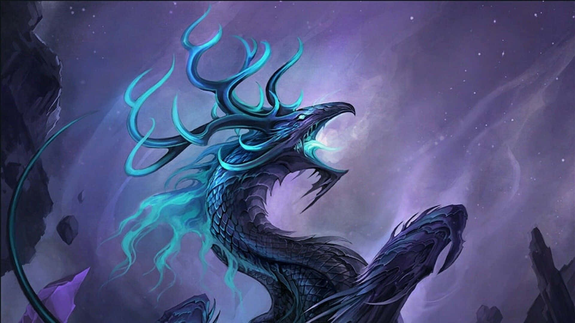 Purple Dragon, blue dragon, glowing antler-like horns, Full HD Desktop Wallpaper
