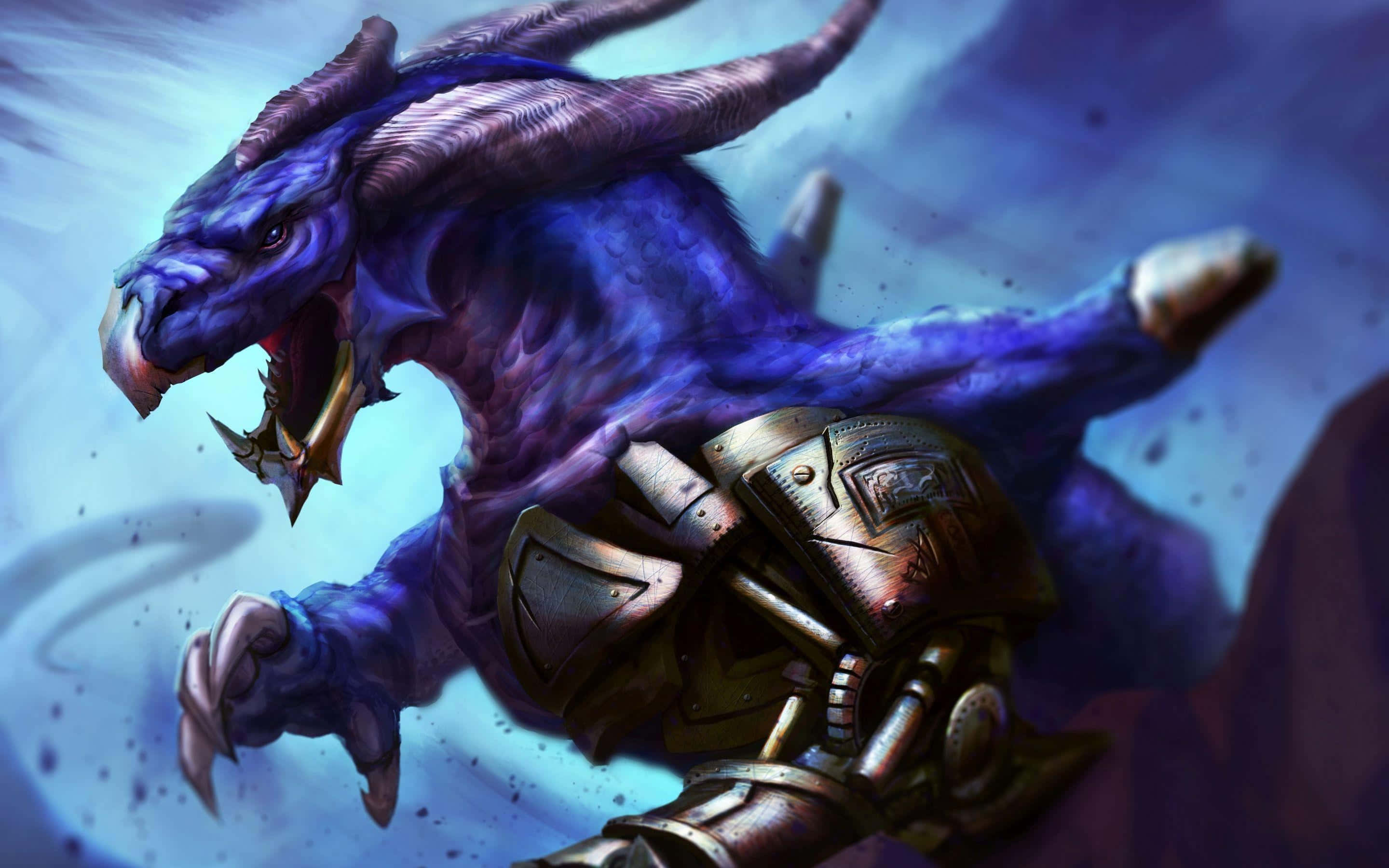 Purple Dragon, armored limbs, swirling blue stormy backdrop, 2K Desktop Wallpaper
