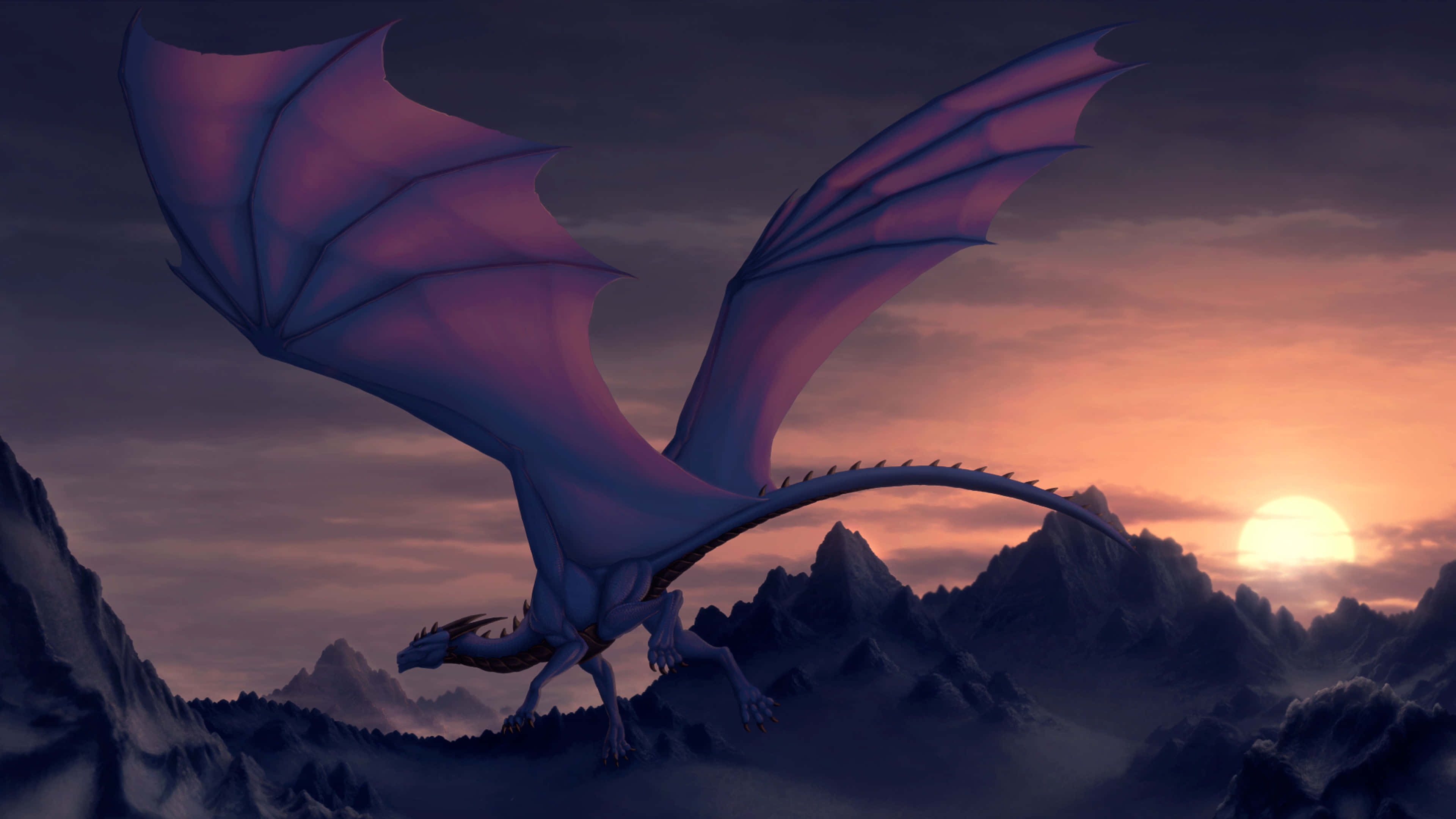 Purple Dragon, dawn, jagged mountains, 4K Desktop Wallpaper