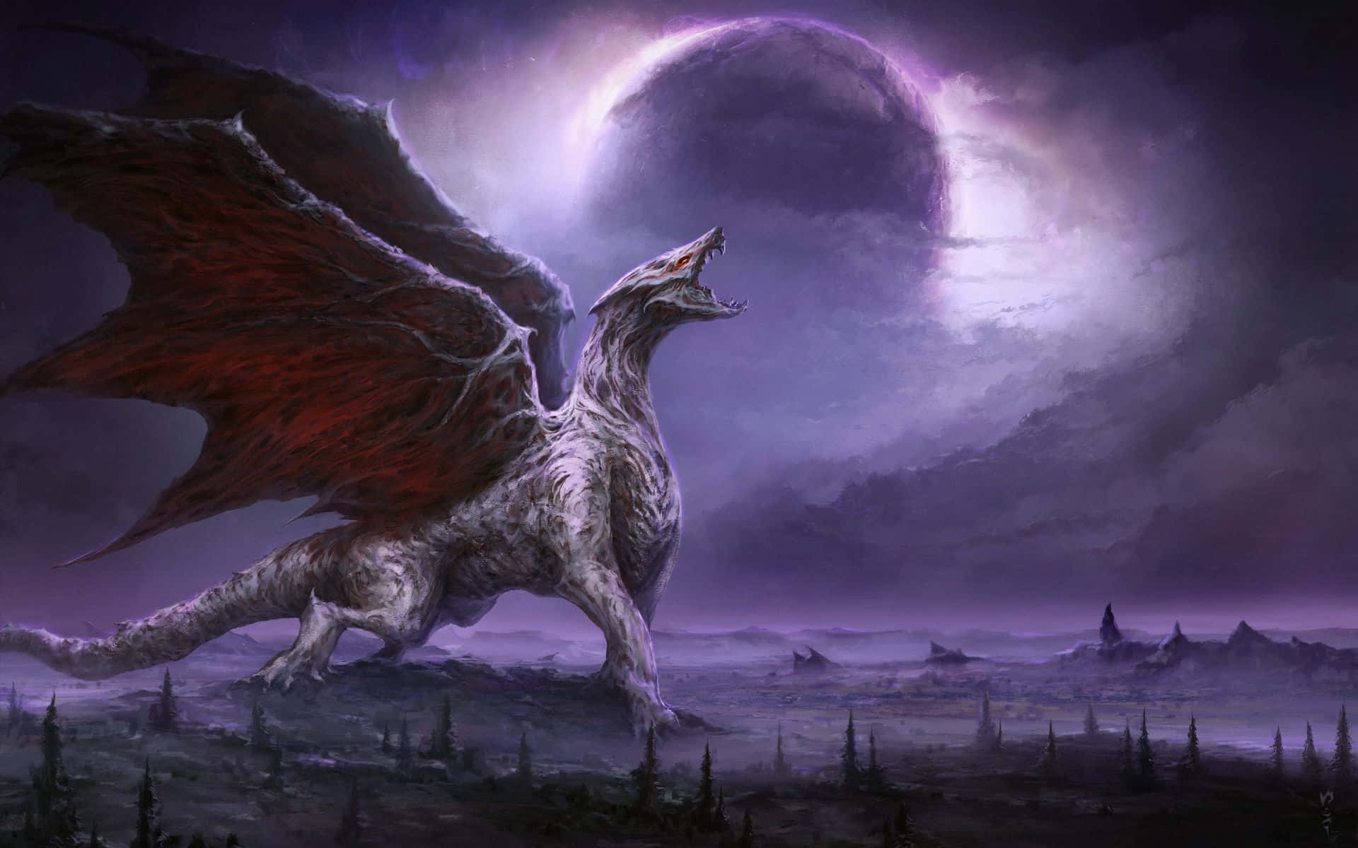 Purple Dragon, red wings, misty purple landscape, Full HD Desktop Wallpaper