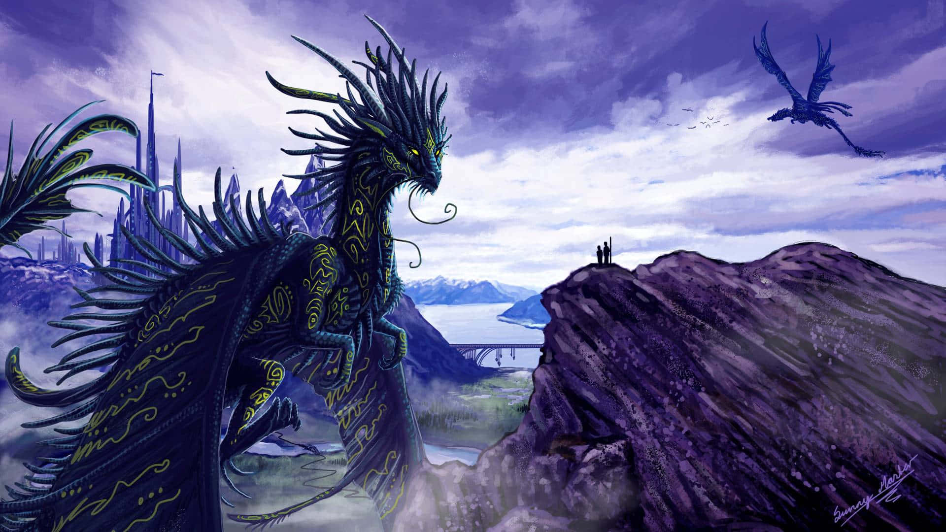 Purple Dragon, black dragon, glowing yellow patterns, Full HD Desktop Wallpaper