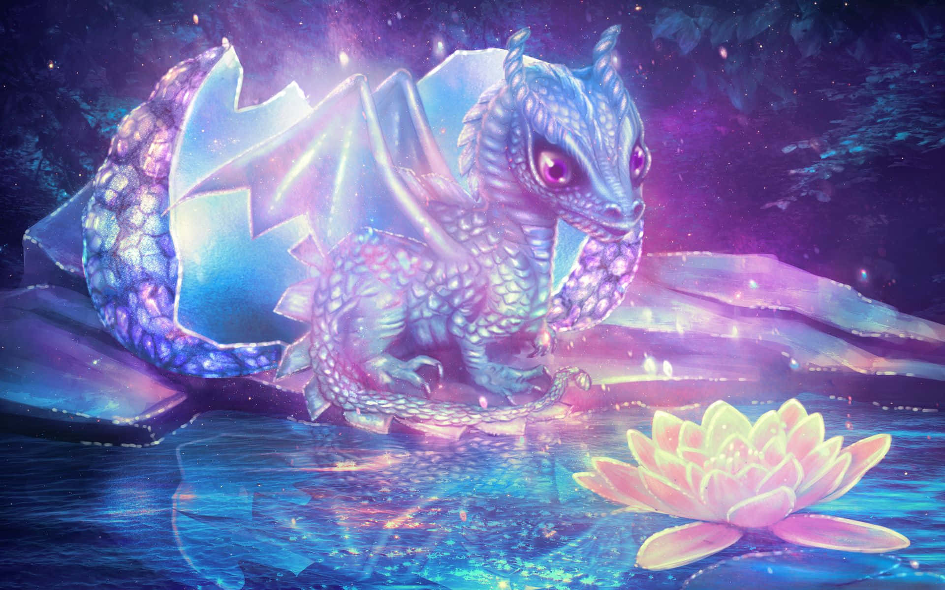 Purple Dragon, luminous lotus flower, glowing blue dragon, Full HD Desktop Wallpaper