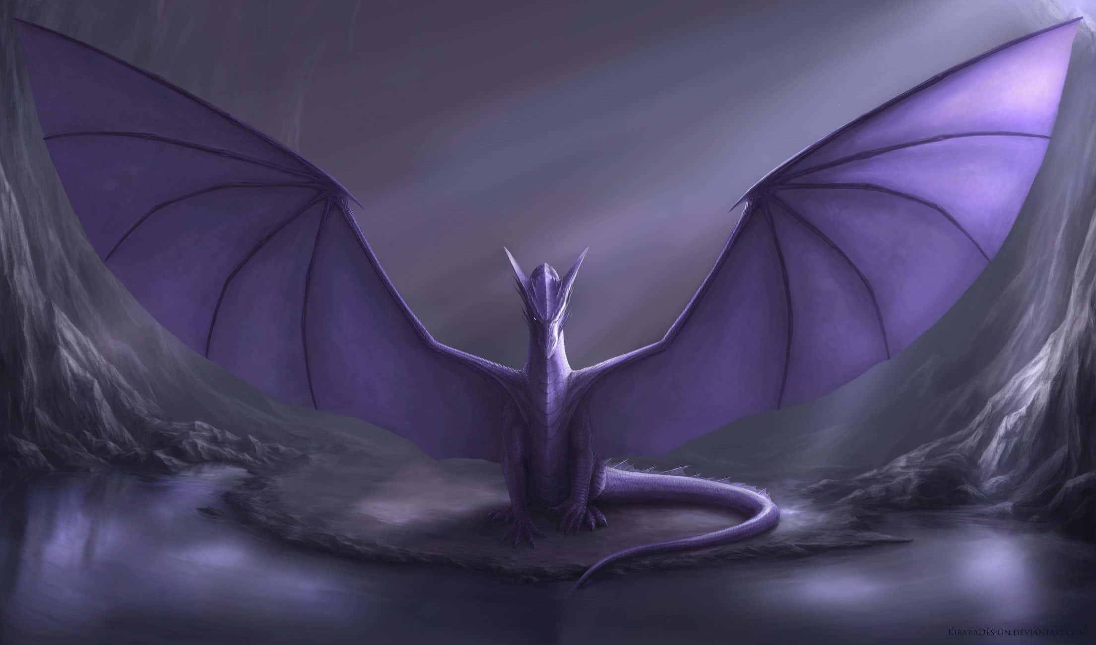 Purple Dragon, rocky island, misty mountainous valley, Full HD Desktop Wallpaper