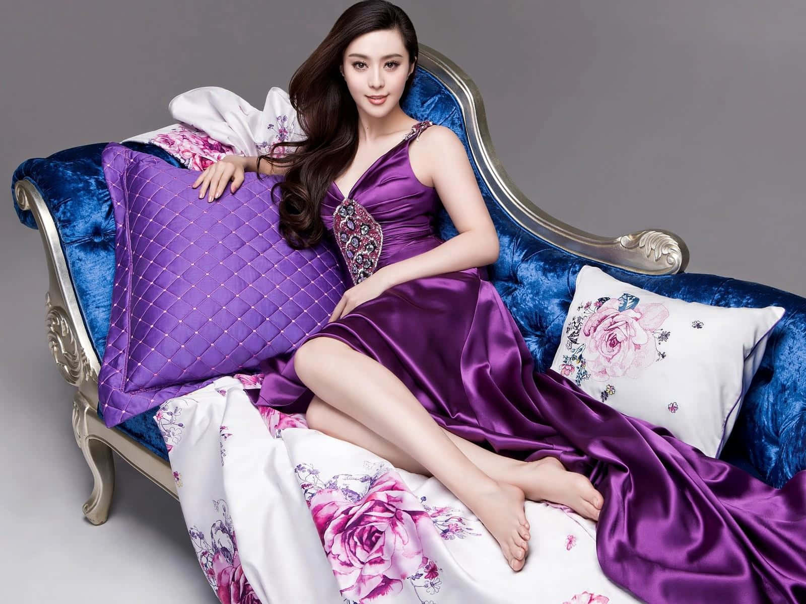 purple satin gown, blue velvet chaise, floral pillows, HD Desktop Wallpaper