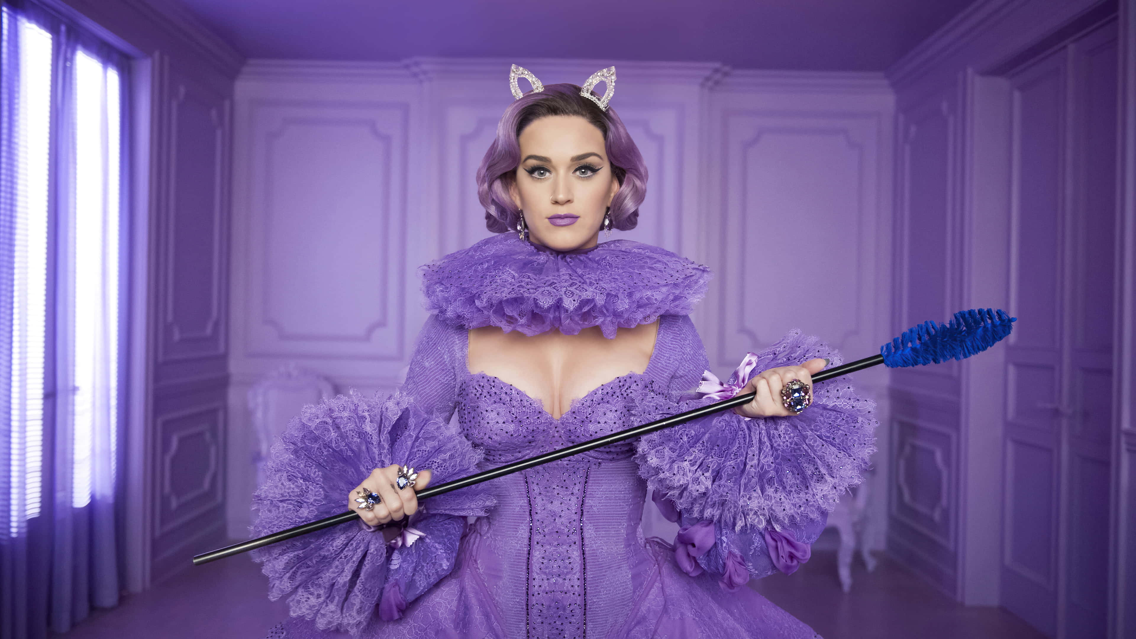 purple dress, cat ears, feathered scepter, 4K Desktop Wallpaper
