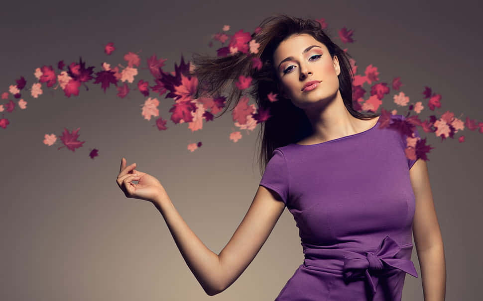 purple dress, vibrant pink, red maple leaves, SD Desktop Wallpaper