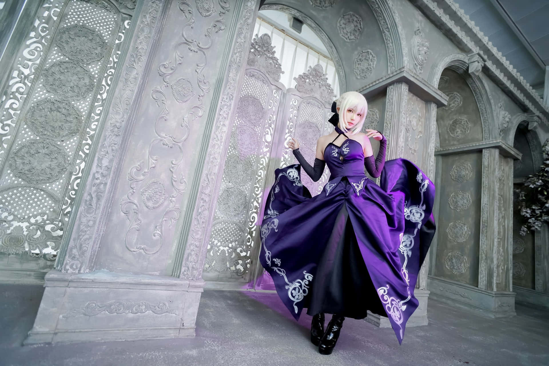 purple dress, silver embroidery, flowing purple gown, Full HD Desktop Wallpaper