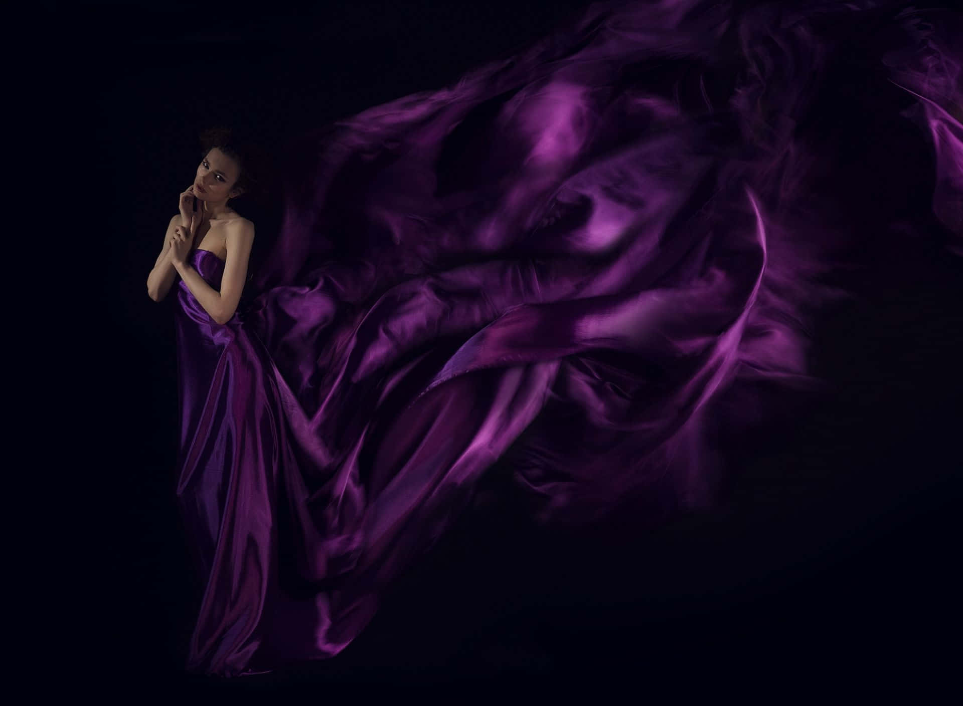 purple dress, flowing purple satin gown, black background, Full HD Desktop Wallpaper