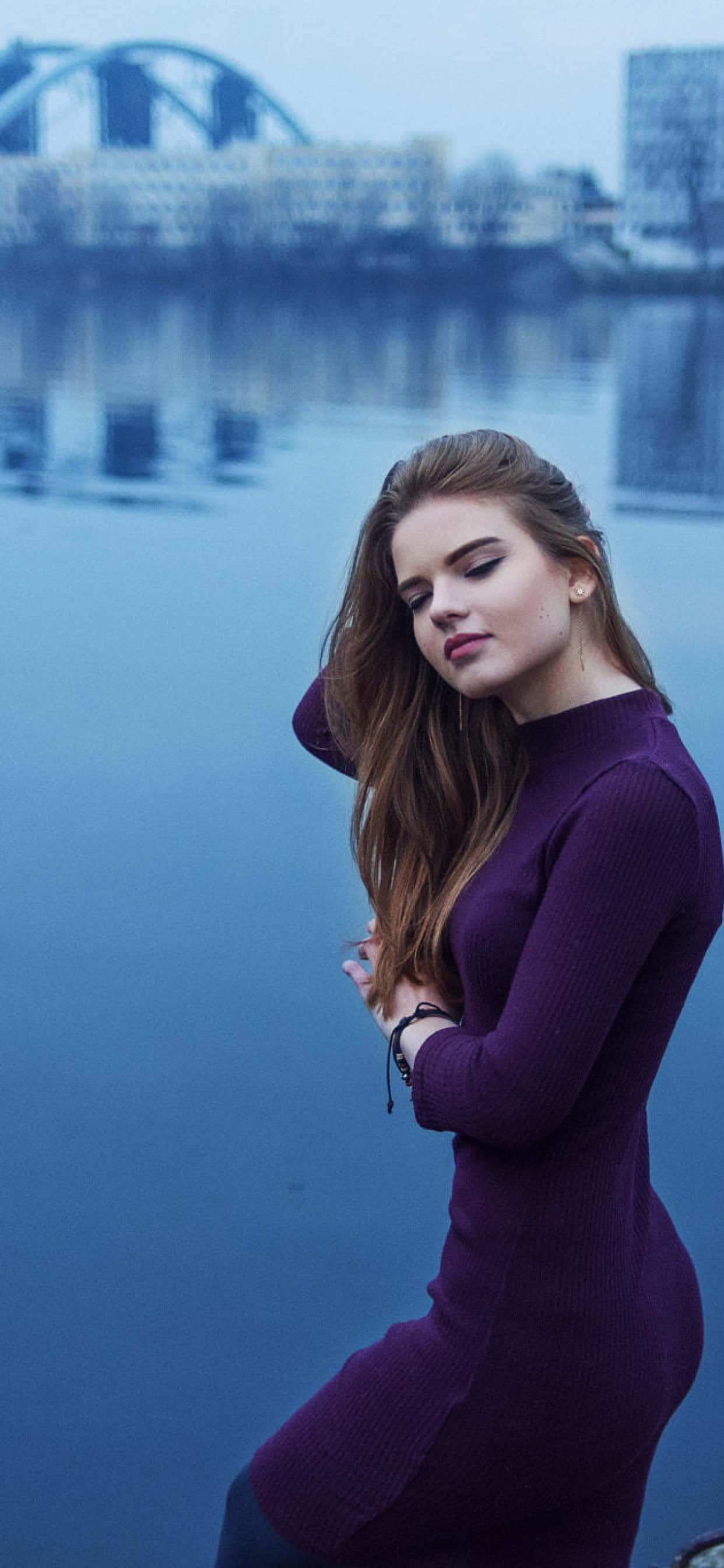 Purple Dress, calm blue water, bridge, 2K Phone Wallpaper