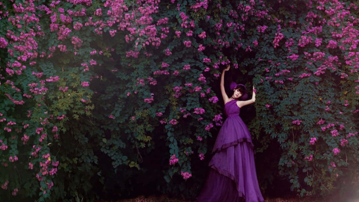 Purple Dress, flowing purple gown, pink blossoms, HD Desktop Wallpaper