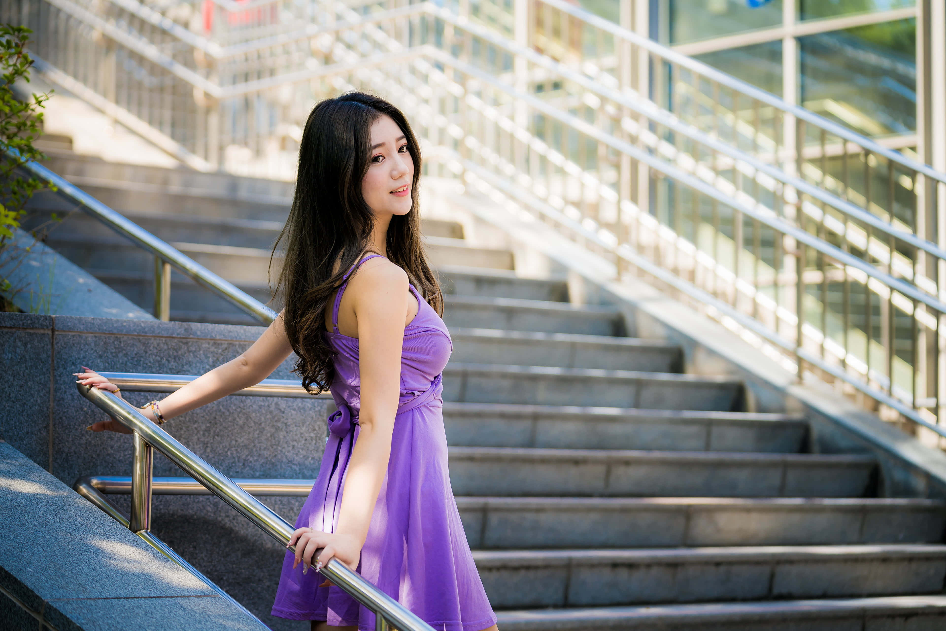 Purple Dress, flowing purple dress, railing, 4K Desktop Wallpaper