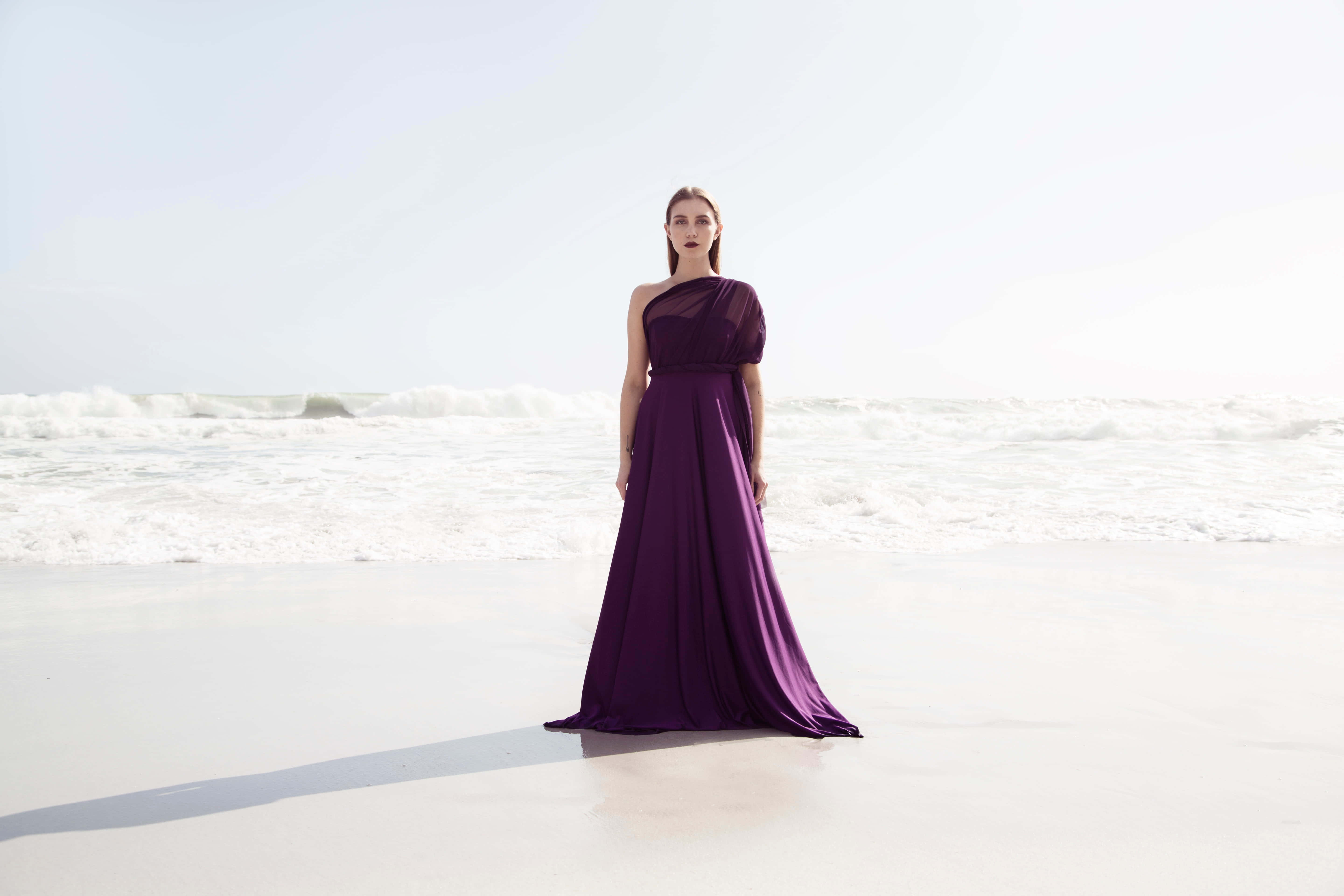 purple dress, flowing purple gown, bright beach, 5K Desktop Wallpaper