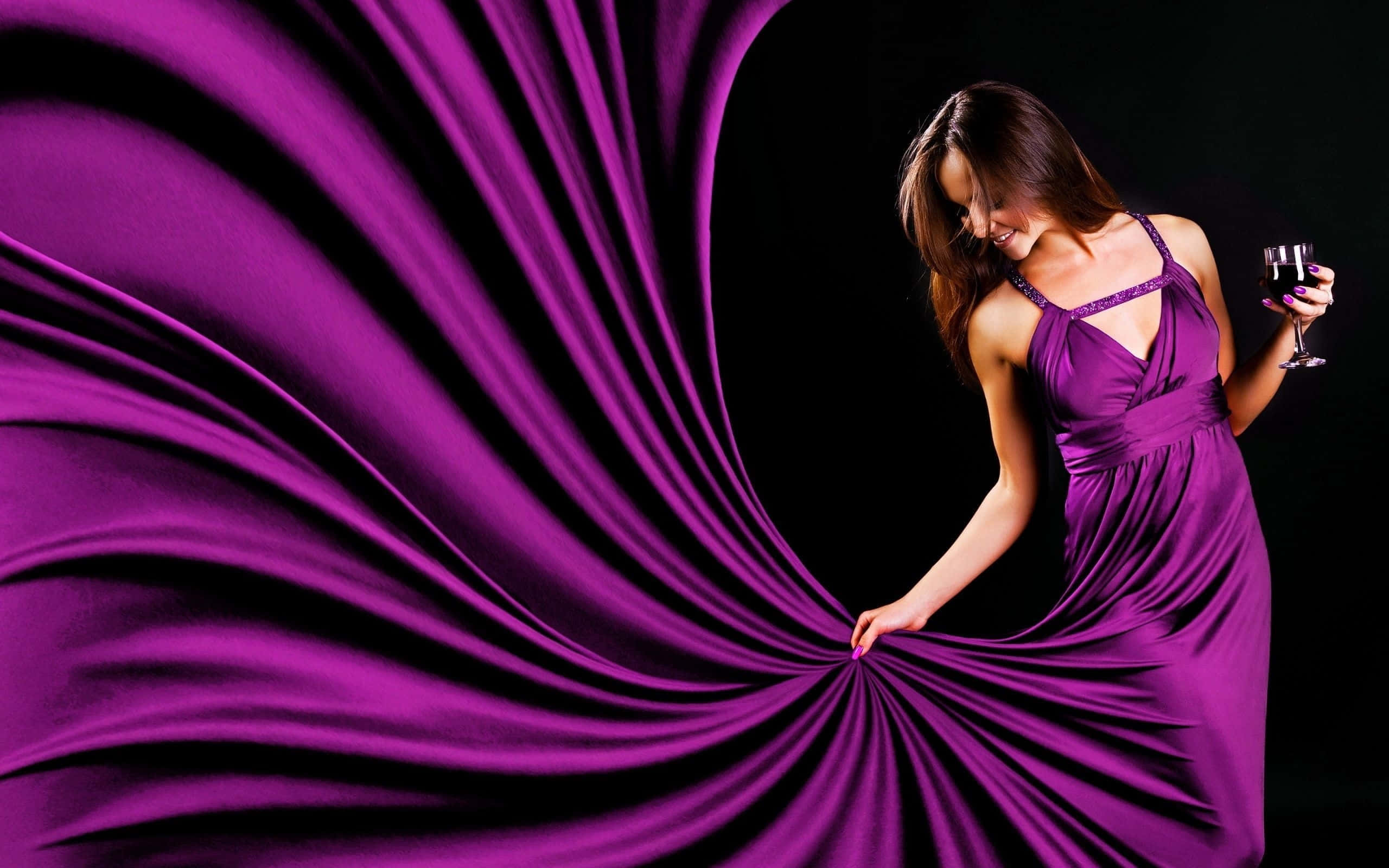merlot-colored dress, purple gown, swirling purple fabric backdrop, 2K Desktop Wallpaper