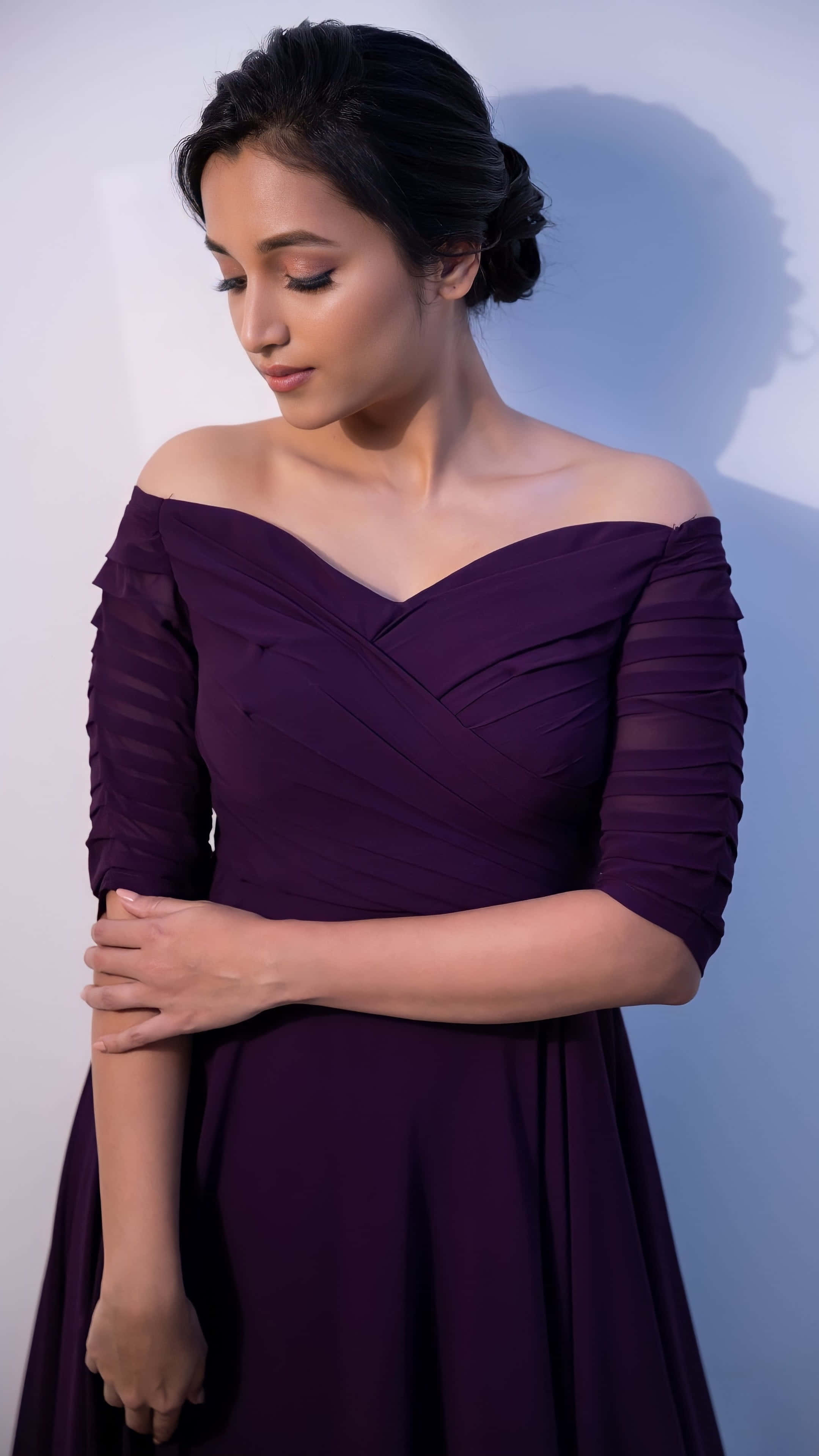 purple dress, deep purple off-shoulder gown, soft blue and white gradient backdrop, 2K Phone Wallpaper