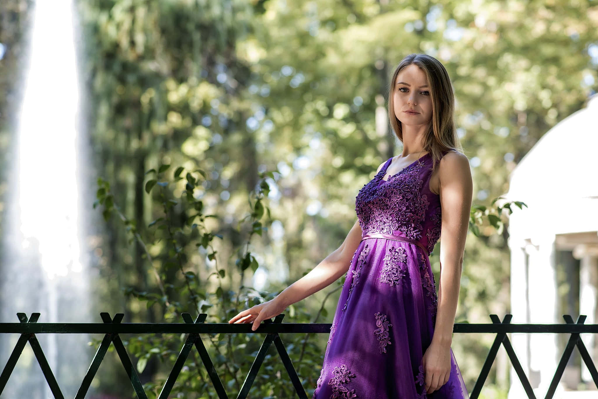 Purple Dress, vibrant purple floral dress, black metal fence, Full HD Desktop Wallpaper