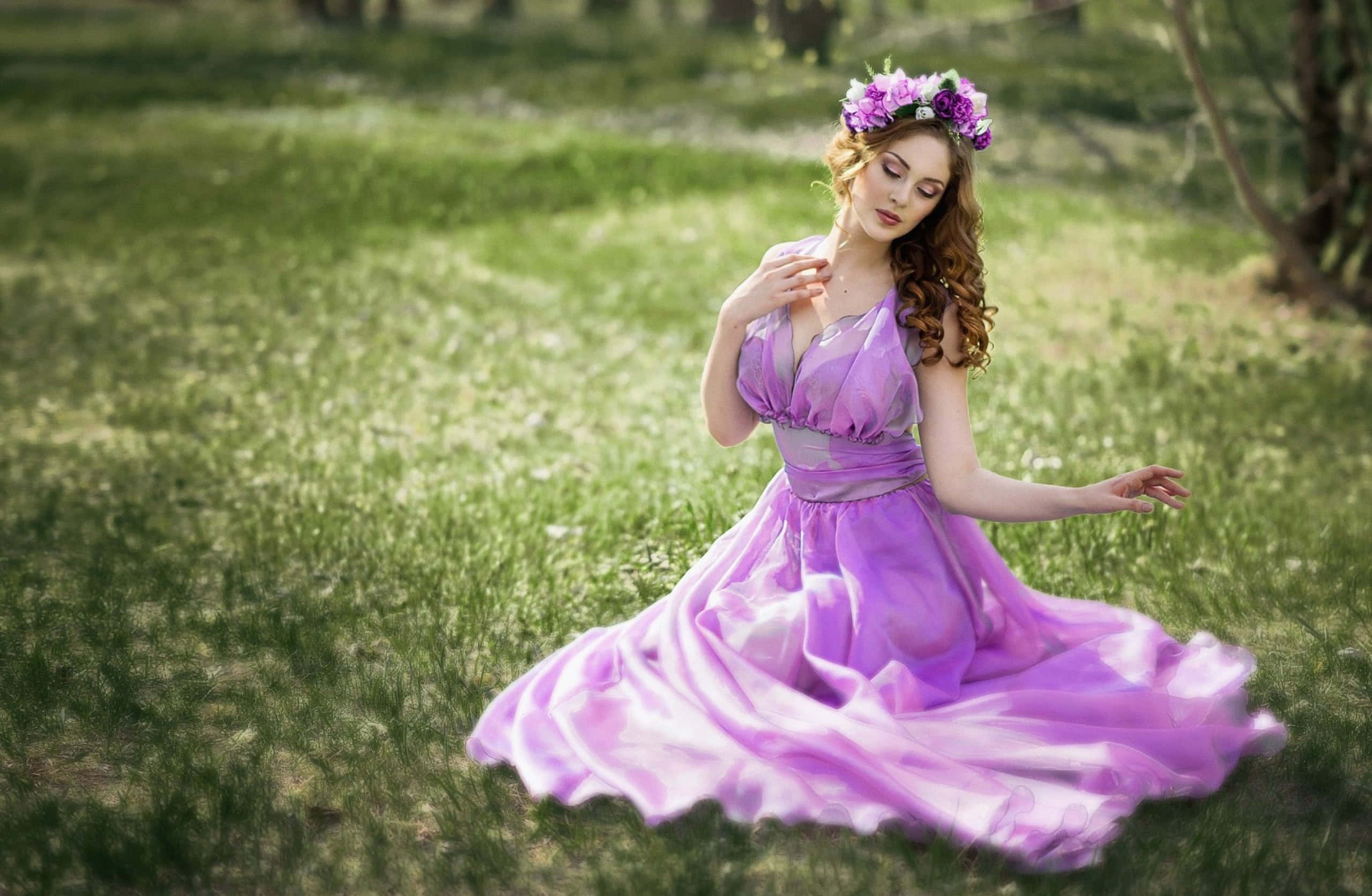 purple dress, flowing purple gown, floral crown, 2K Desktop Wallpaper