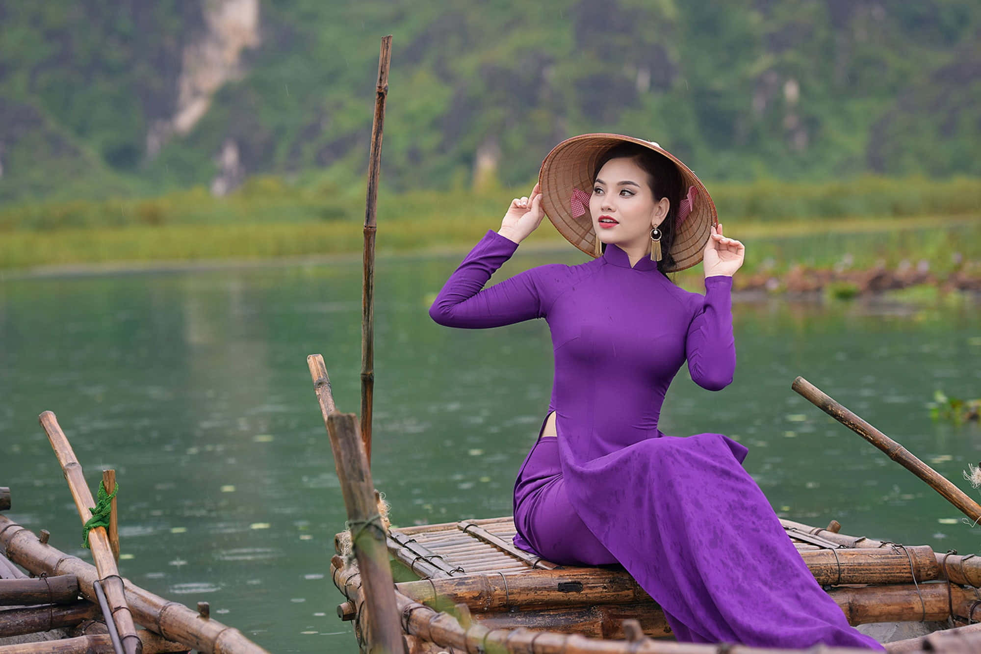 purple dress, vibrant purple ao dai, conical hat, Full HD Desktop Wallpaper