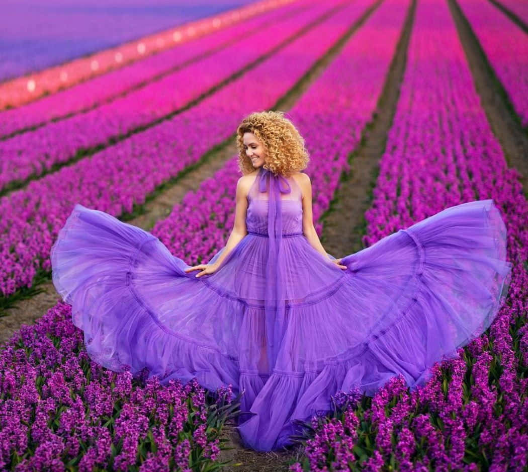 purple dress, flowing purple gown, vibrant purple hyacinths, SD Desktop Wallpaper