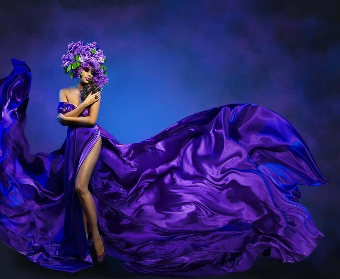 deep purple dress, flowing purple satin gown, lilac floral crown, SD Desktop Wallpaper