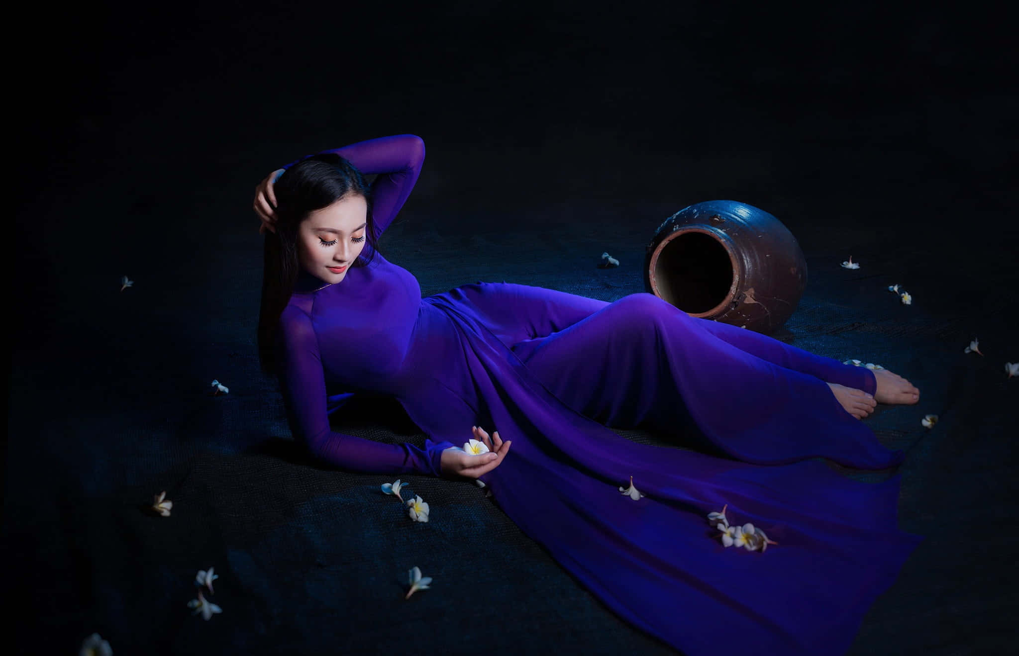 Purple Dress, flowing purple dress, dark ground, Full HD Desktop Wallpaper