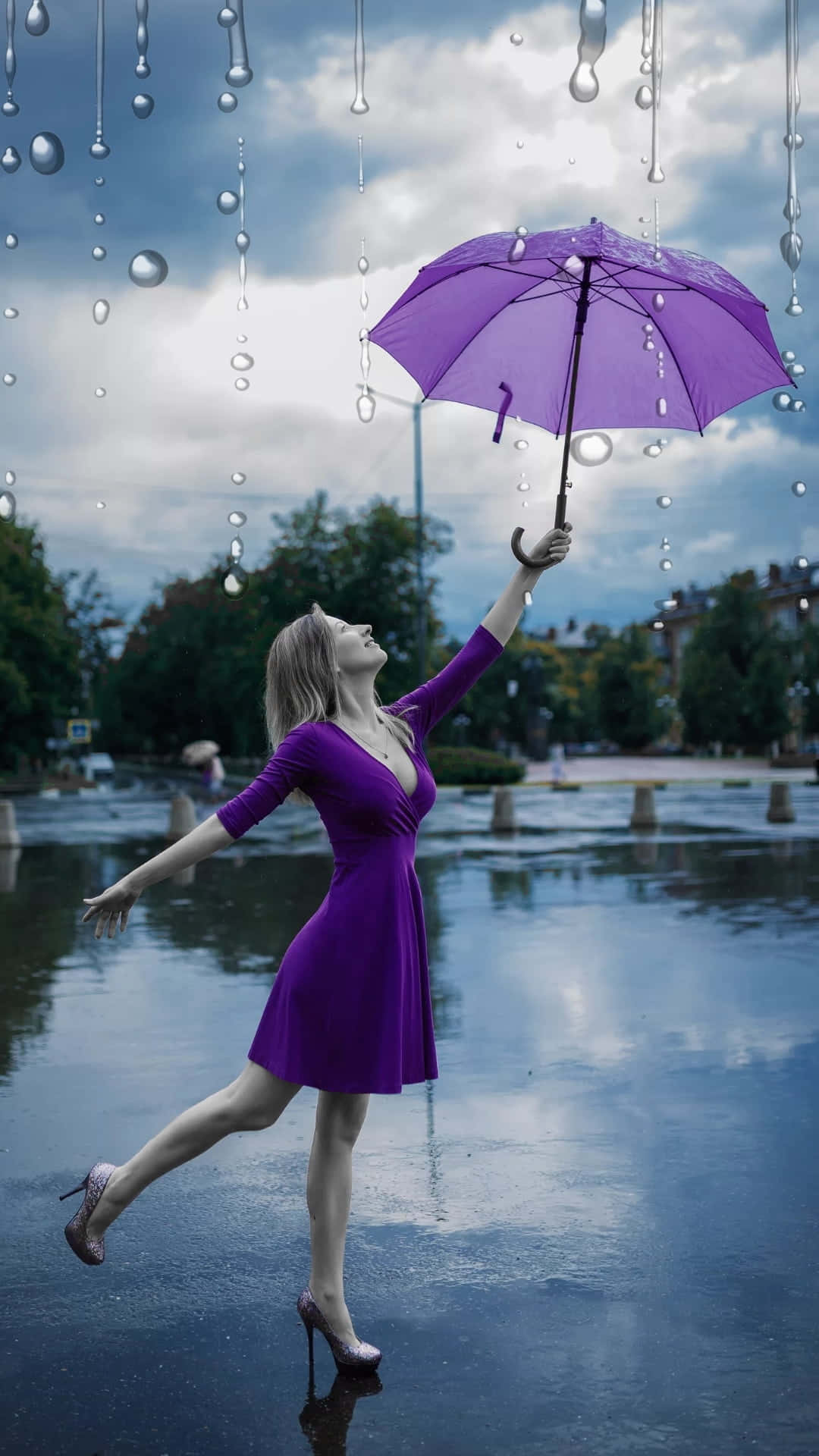 purple dress, purple umbrella, raindrops, Full HD Phone Wallpaper