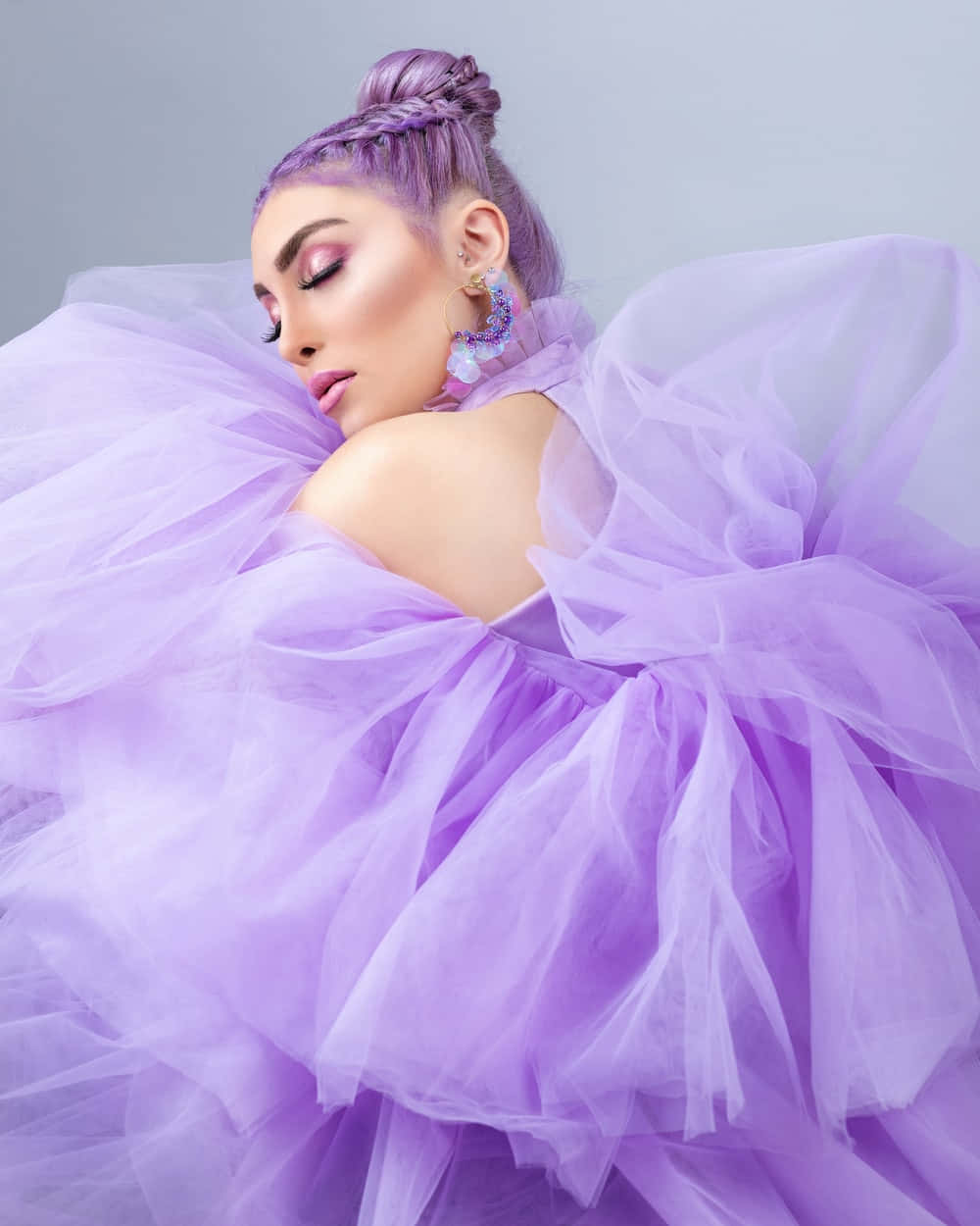 Purple Dress, purple braided hair, tulle gown, SD Phone Wallpaper