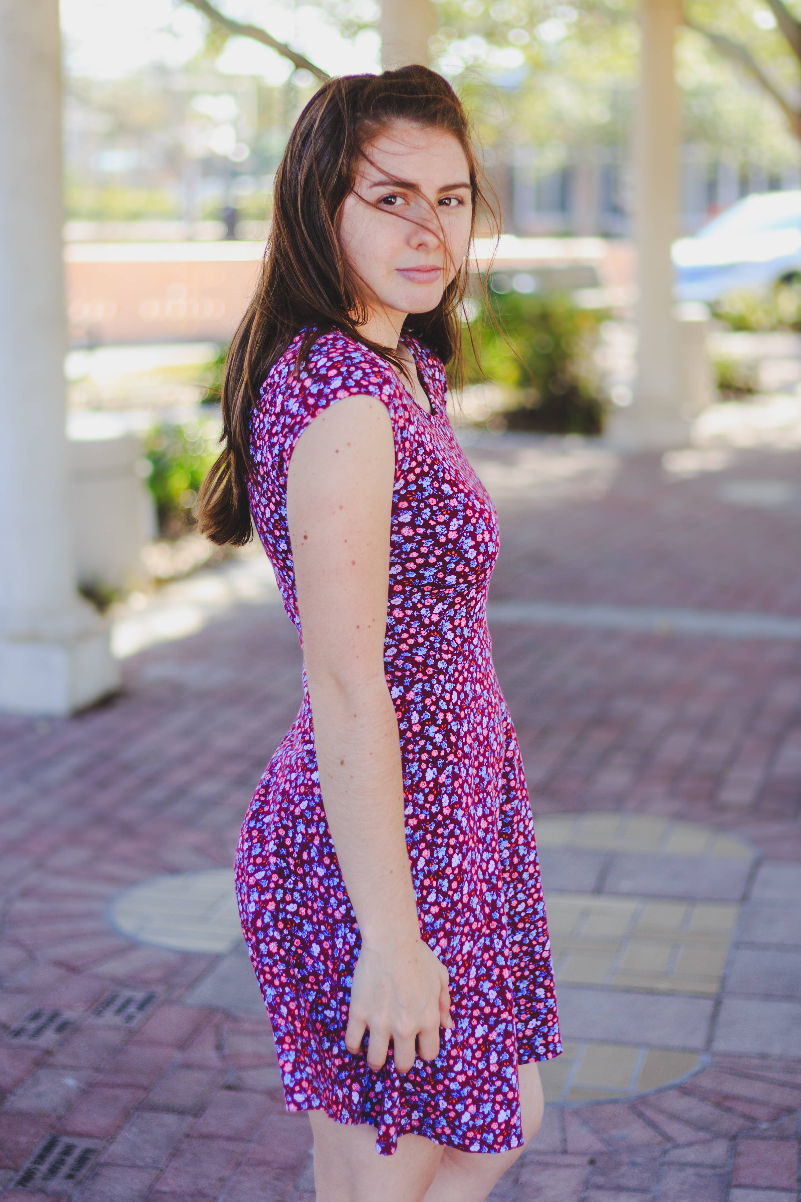 purple dress, floral dress, sunlit brick patio, 4K Phone Wallpaper