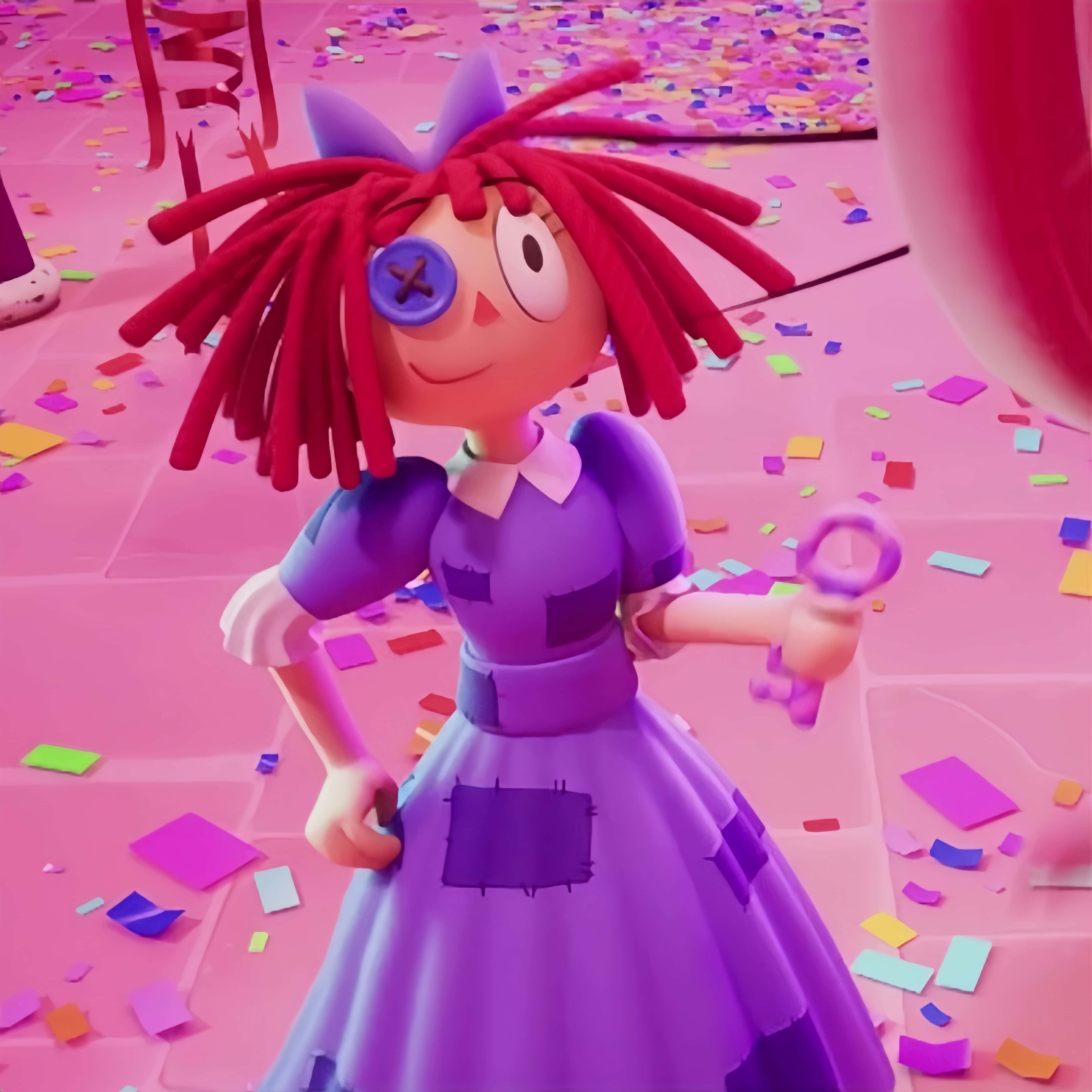 animated character, purple dress, red yarn hair, 4K Desktop Wallpaper