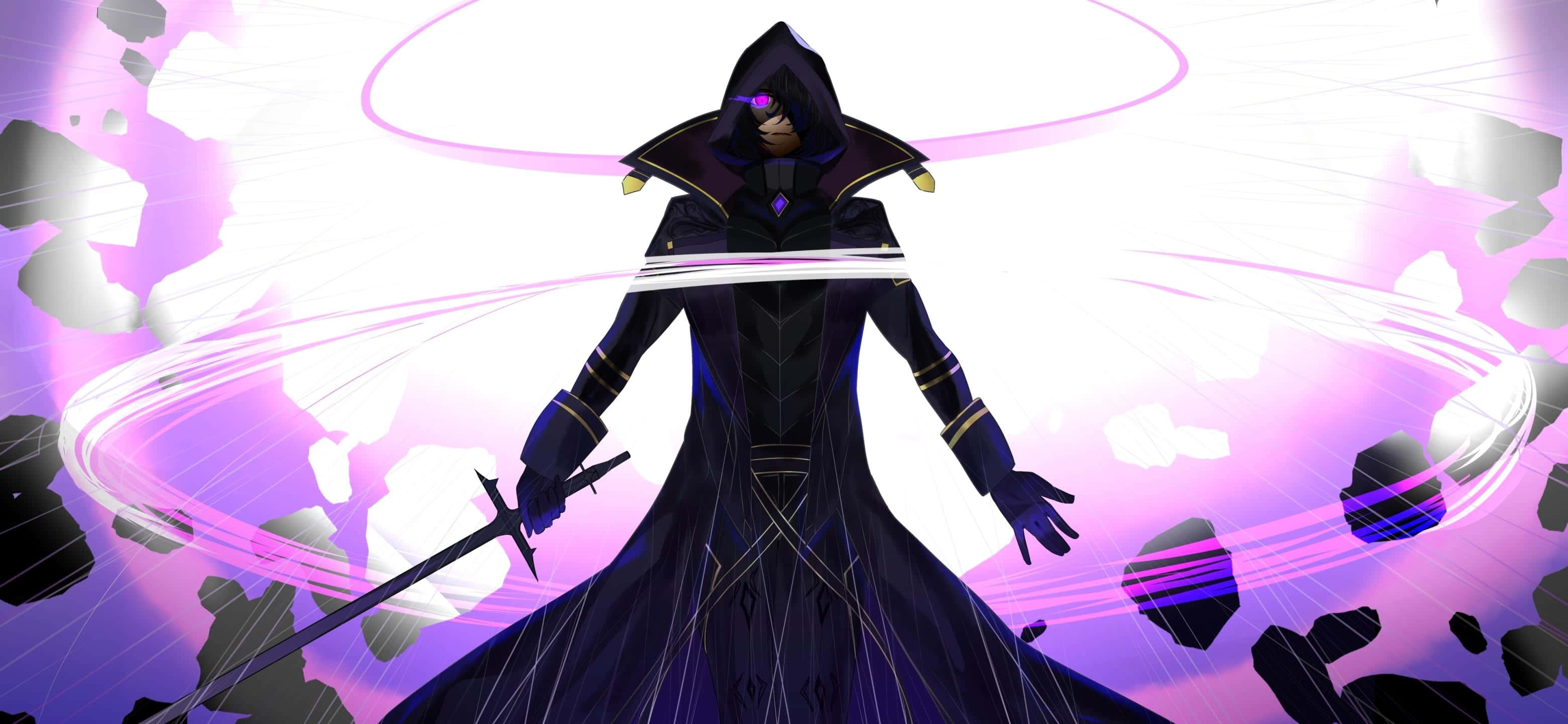 Eminencein Shadow Power Display, hooded anime warrior, dark robe, 2K Desktop Wallpaper