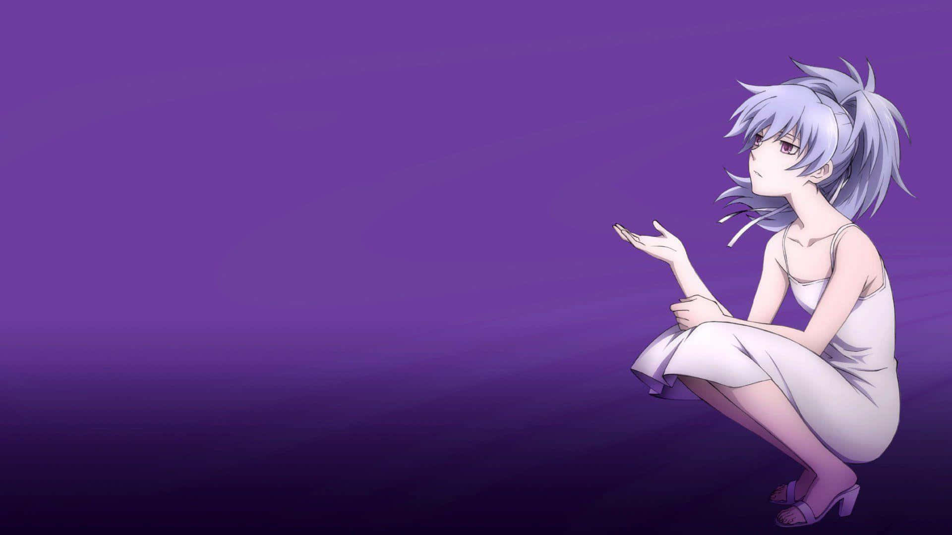 silver-haired anime girl, white dress, gradient purple background, Full HD Desktop Wallpaper