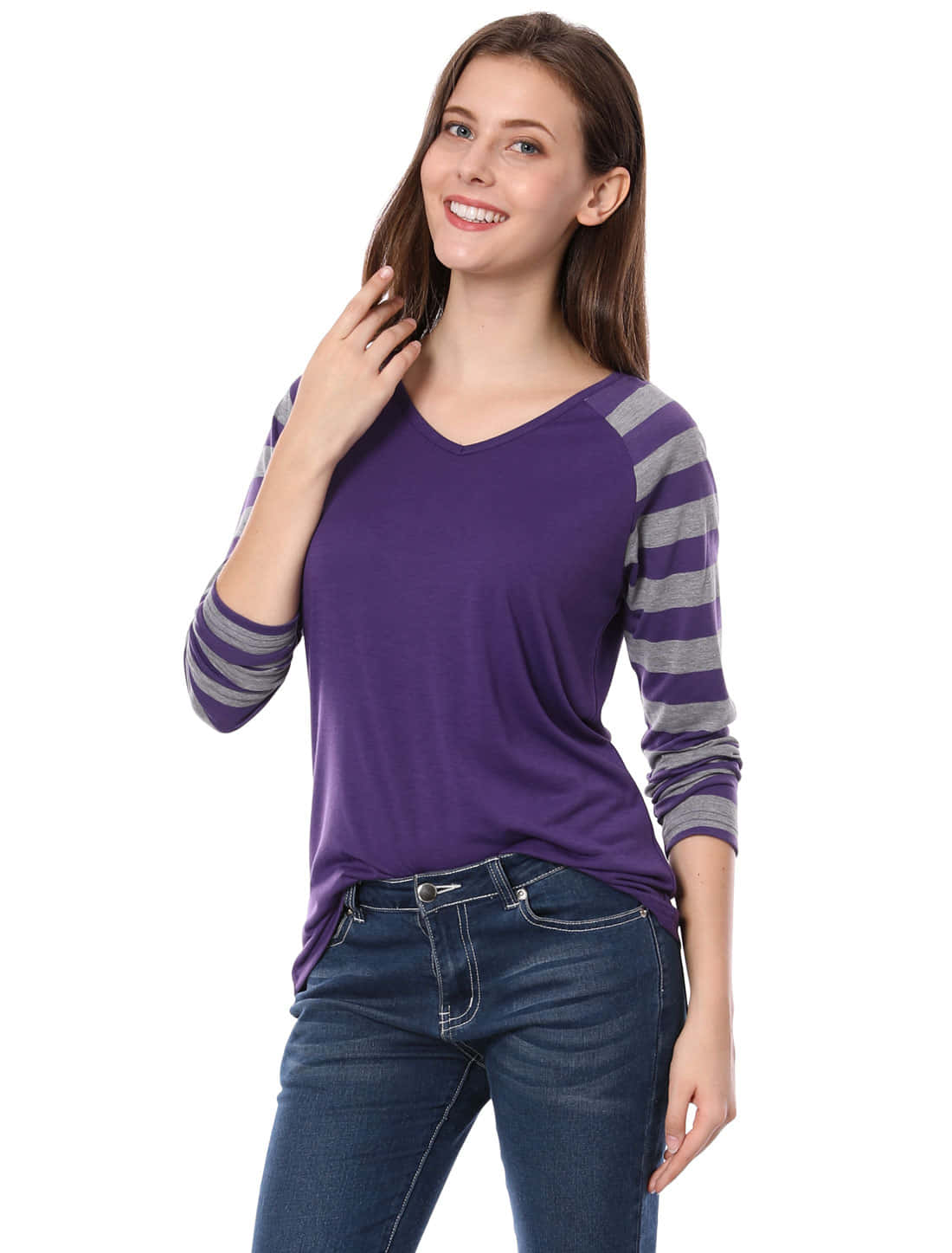purple and gray striped raglan shirt, blue jeans, plain white background, HD Phone Wallpaper