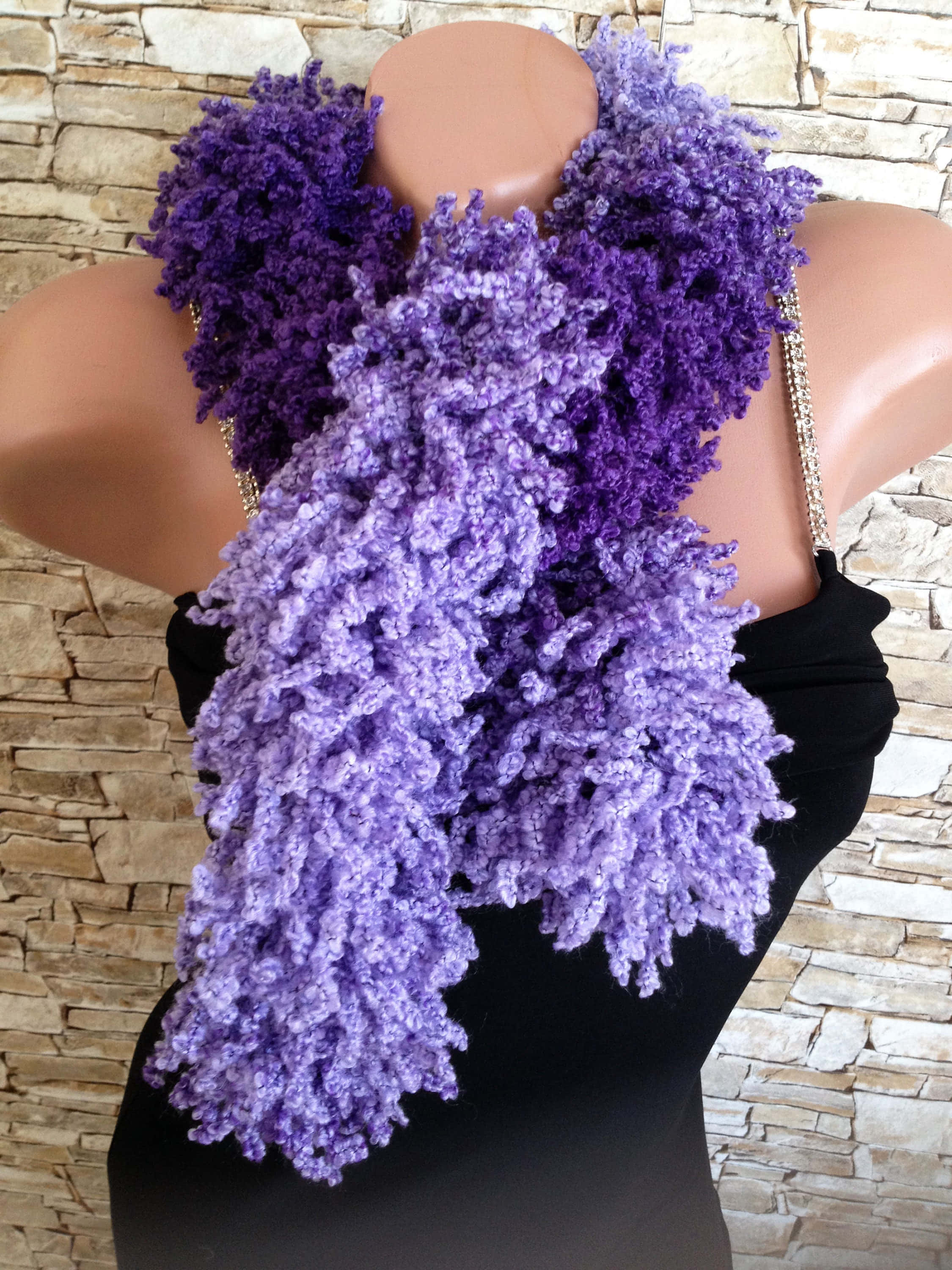 purple fringed scarf, mannequin, stone wall backdrop, 2K Phone Wallpaper