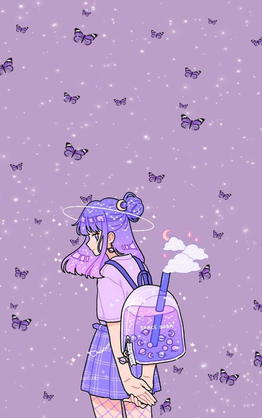 purple-haired anime girl, plaid skirt, glowing backpack labeled space soon, HD Phone Wallpaper