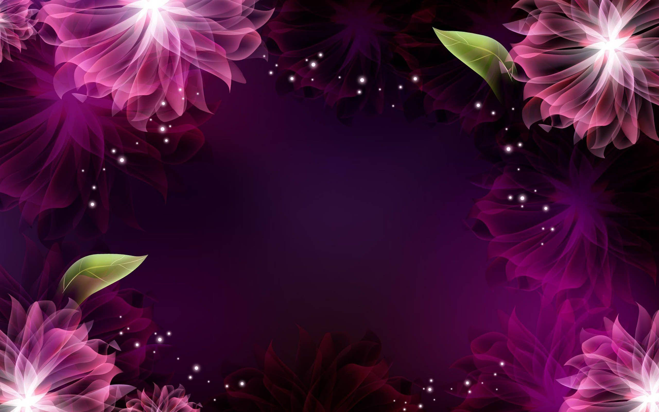 purple flower laptop, vibrant purple glowing flowers, green leaves, 2K Desktop Wallpaper