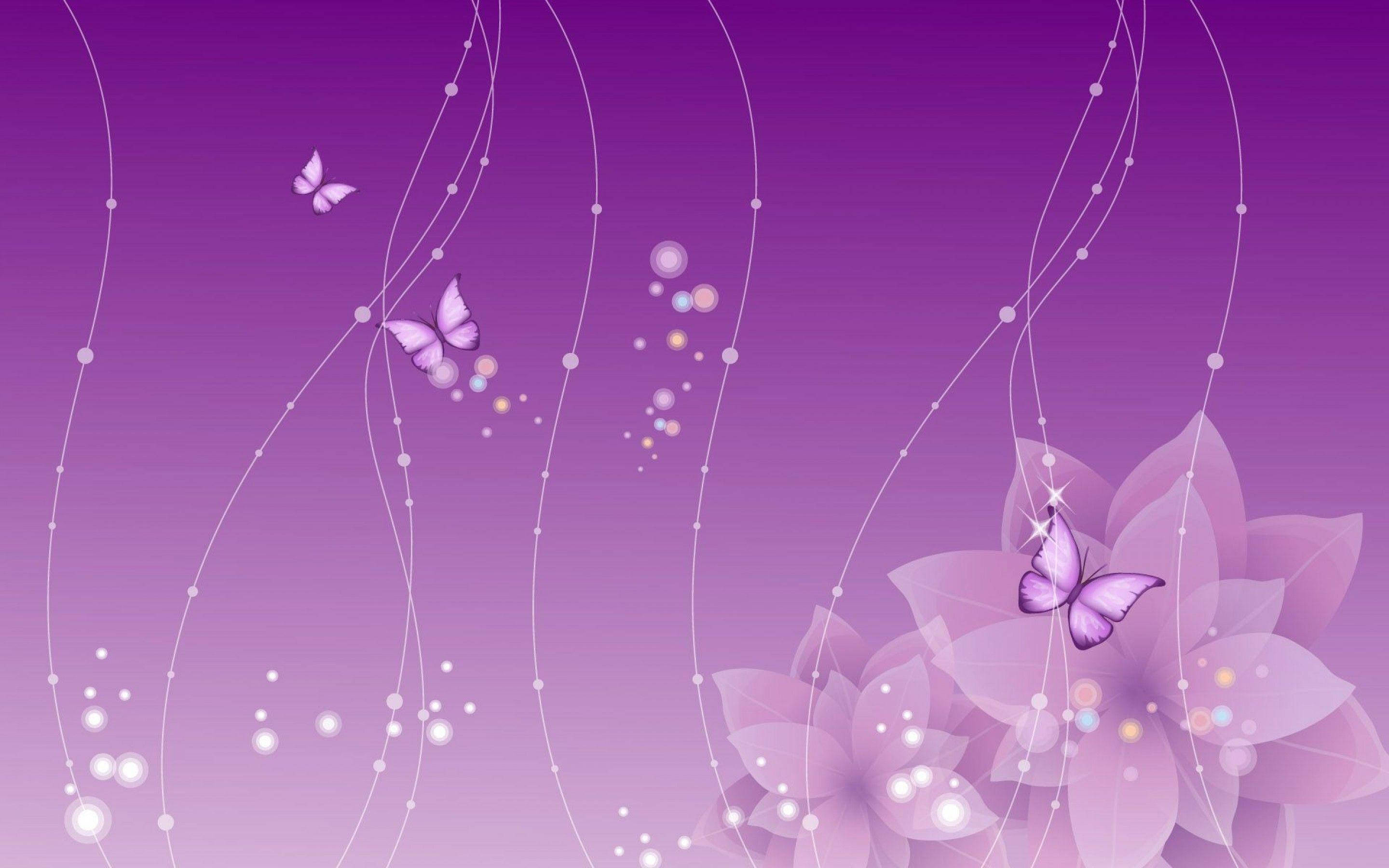 Purple Flower Laptop, purple gradient, floating butterflies, 2K Desktop Wallpaper