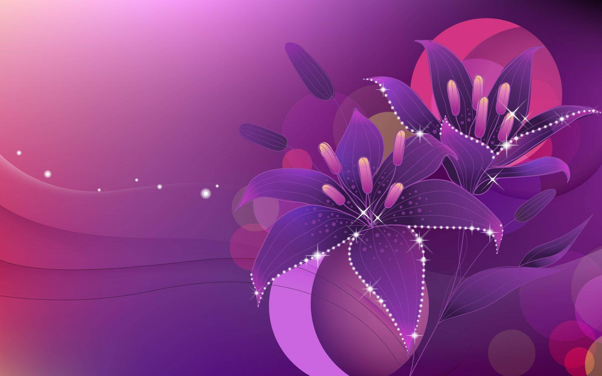 purple flower laptop, vibrant purple lilies, gradient pink and purple background, Full HD Desktop Wallpaper